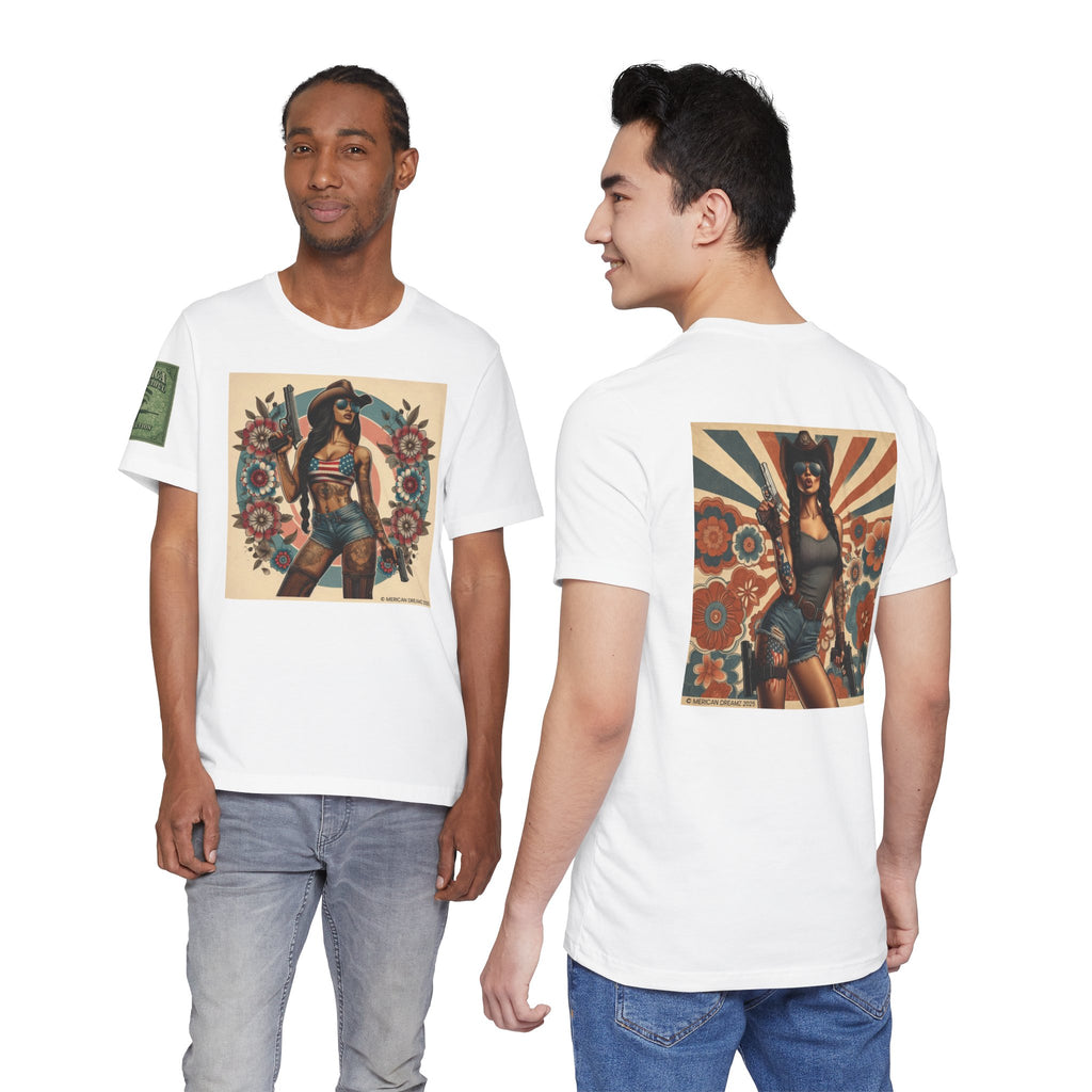 Graphic Short Sleeve Tee front and back — Retro Americana Pin-Up Cowgirls with 9mm Pistols
