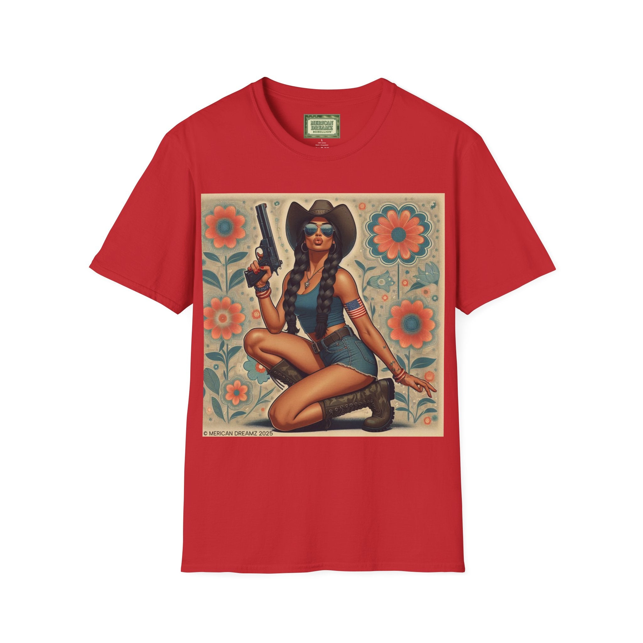 Pin-Up Americana T-Shirt — Retro Floral Gun Cowgirl Vintage Style (US Only)