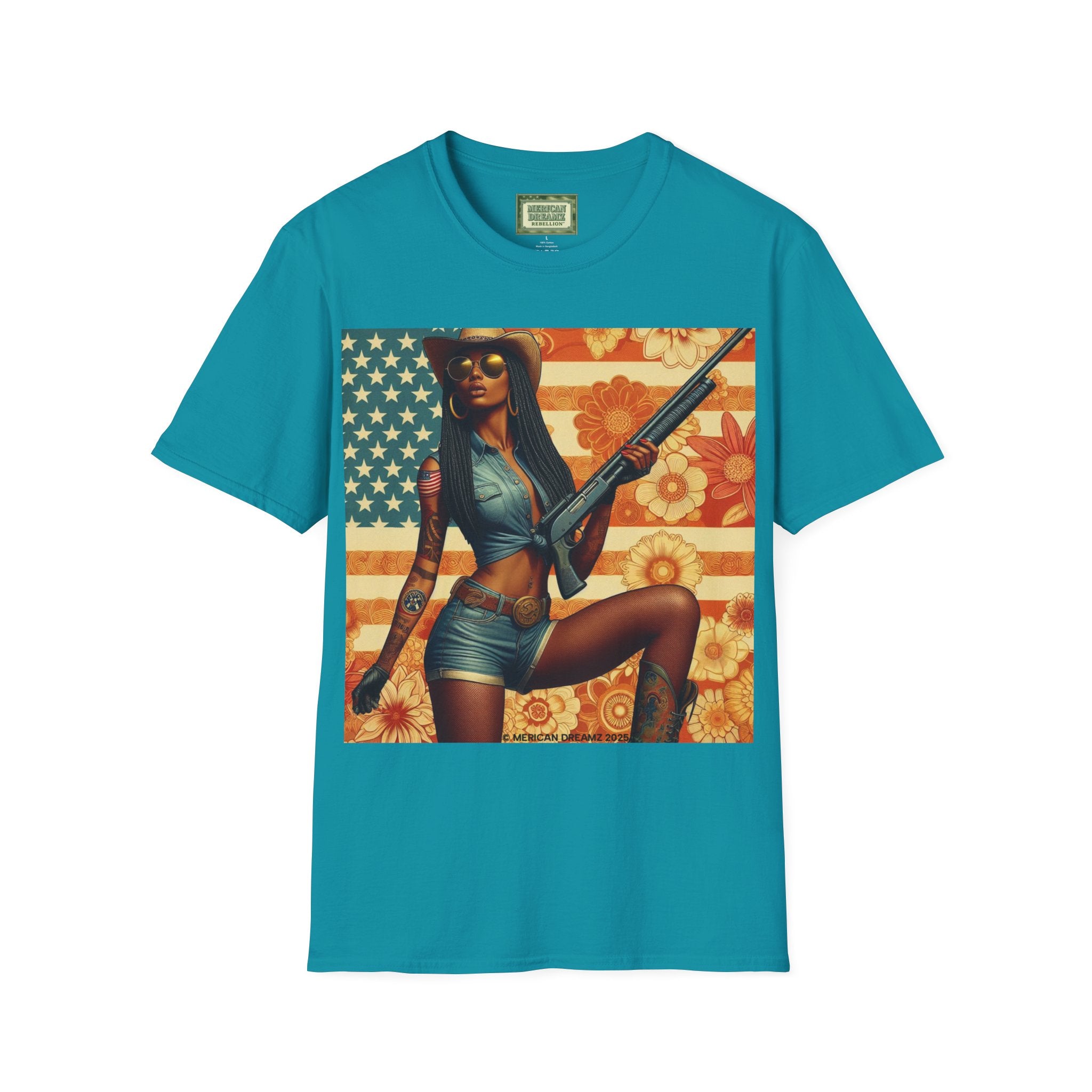 Pin-Up Americana T-Shirt — Retro Floral Gun Cowgirl Vintage Style (US Only)