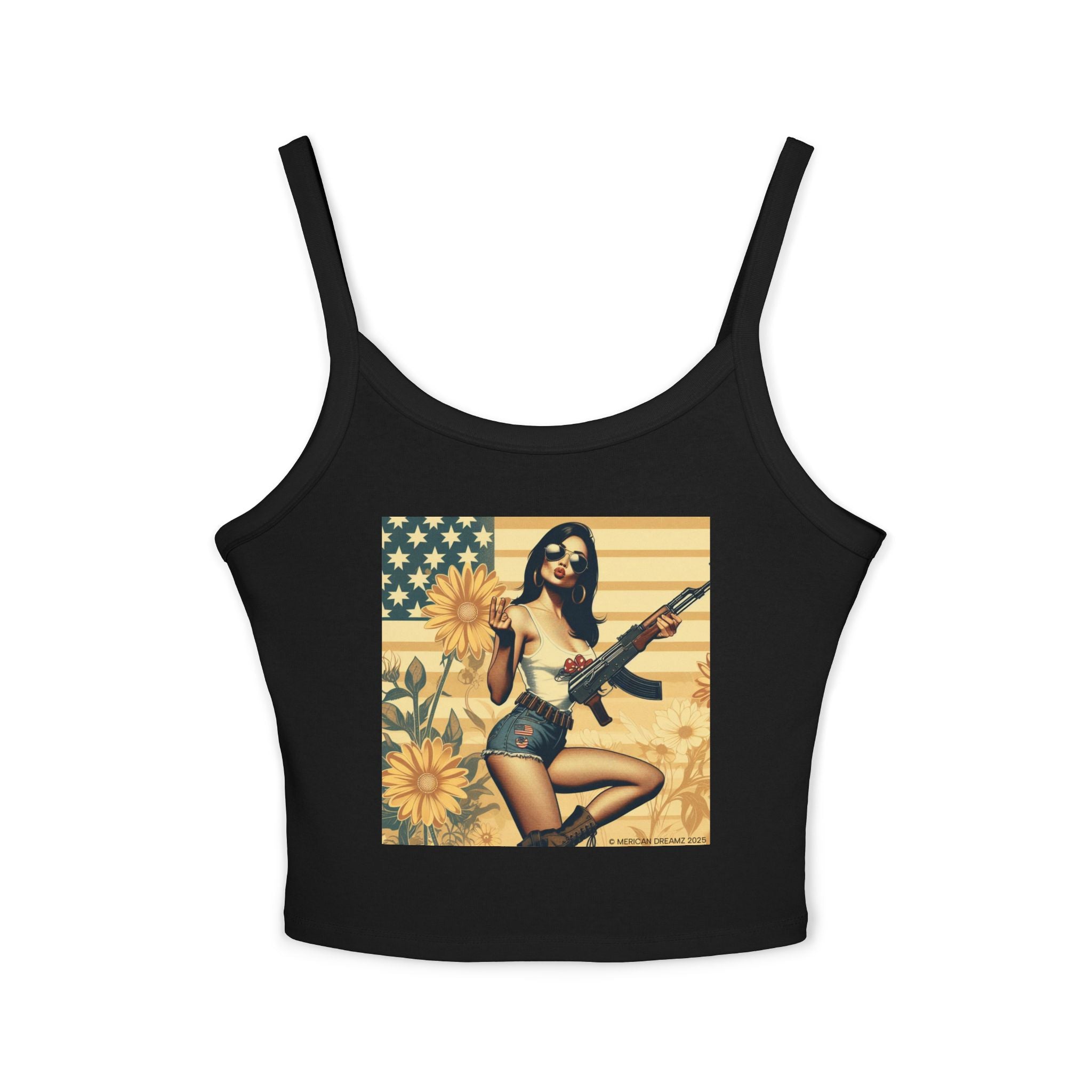 Retro Pinup Girl Tank Top — Vintage Flag & Floral Spaghetti Strap
