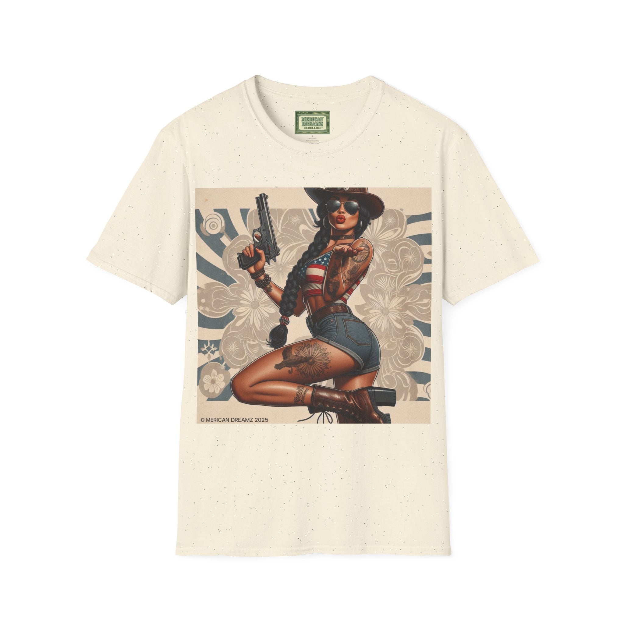 Pin-Up Americana T-Shirt — Retro Floral Gun Cowgirl Vintage Style (US Only)