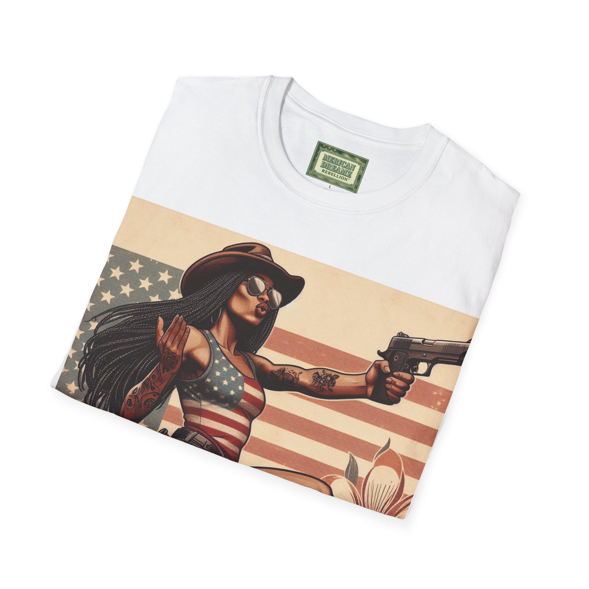 Pin-Up Americana T-Shirt — Retro Floral Gun Cowgirl Vintage Style (US Only)