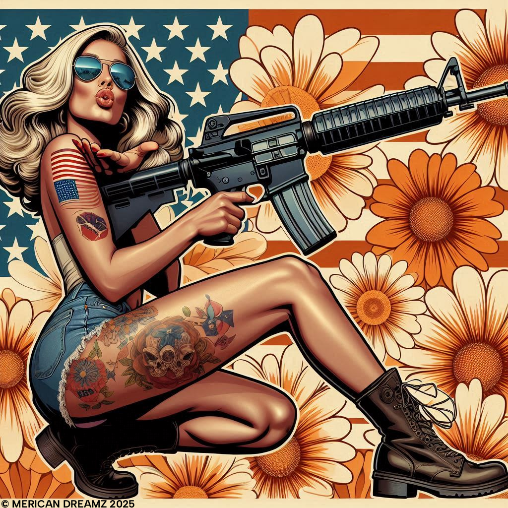 Retro Pinup Girl Tank Top — Vintage Flag & Floral Spaghetti Strap