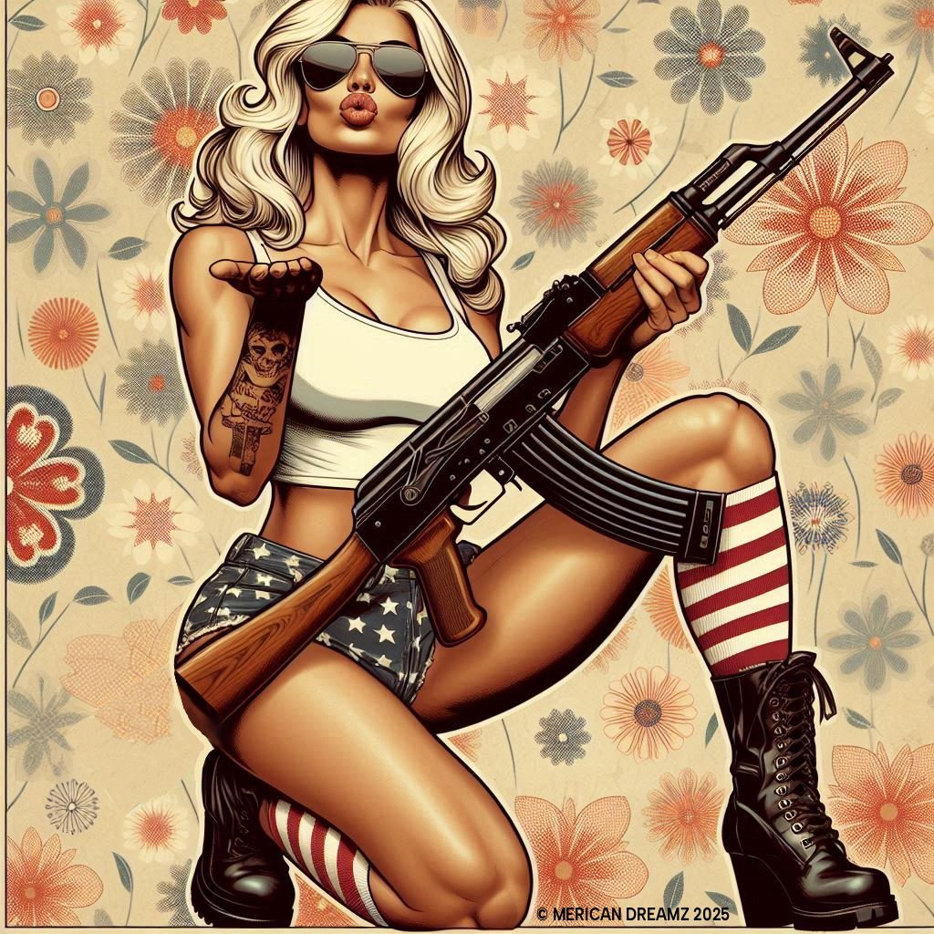 Retro Pinup Girl Tank Top — Vintage Flag & Floral Spaghetti Strap
