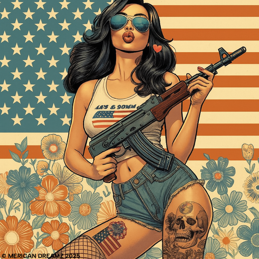 Graphic T-Shirt — Patriotic Pinup Girl with Rifle Vintage Flag Design (US Only)