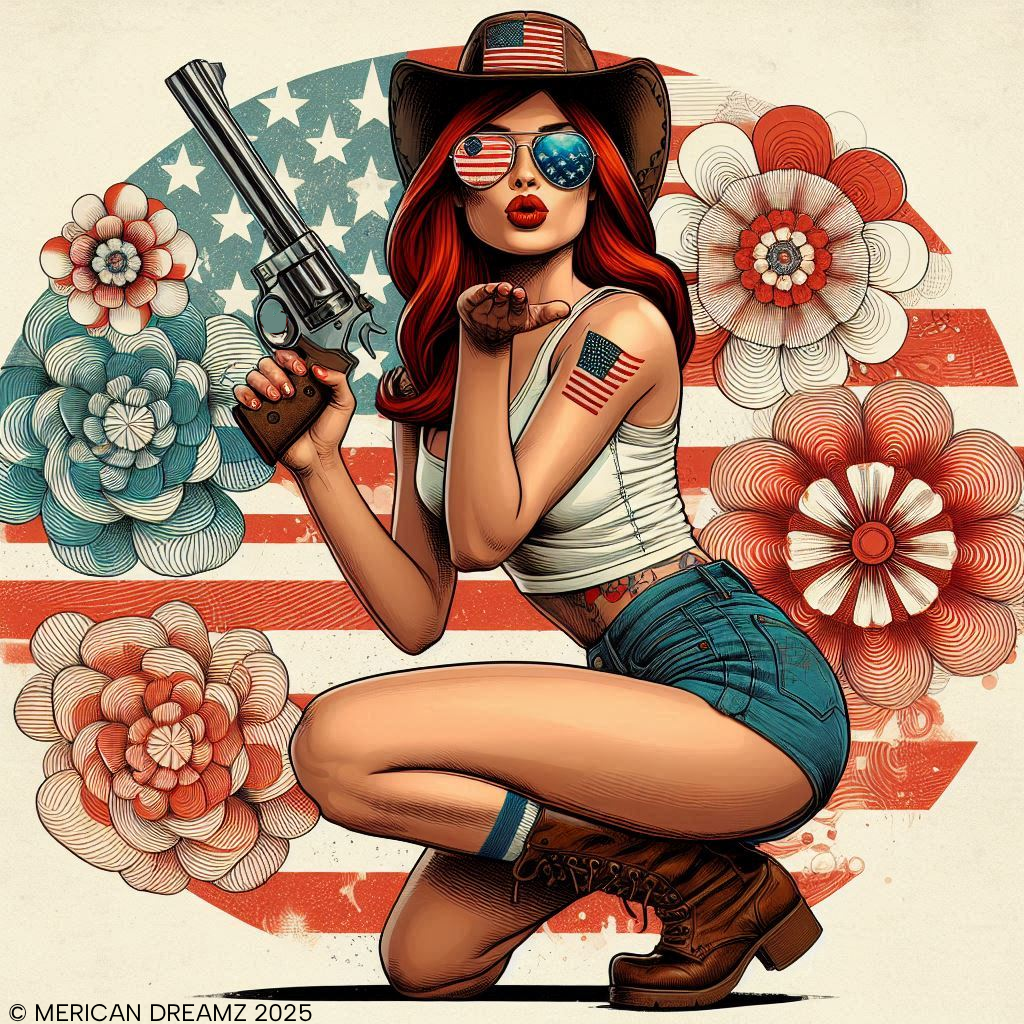 Pin-Up Americana T-Shirt — Retro Floral Gun Cowgirl Vintage Style (US Only)