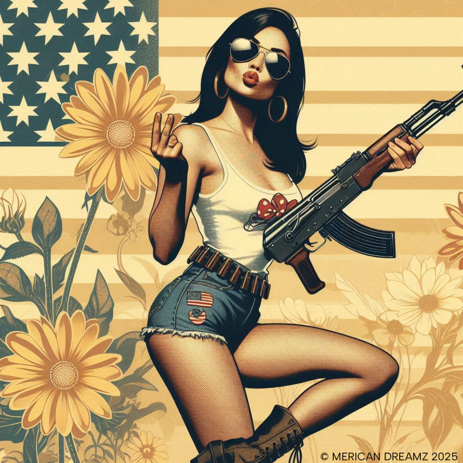 Americana Pinup girl with AK-47 Zip Hoodie — Retro Vintage Patriotic Graphic