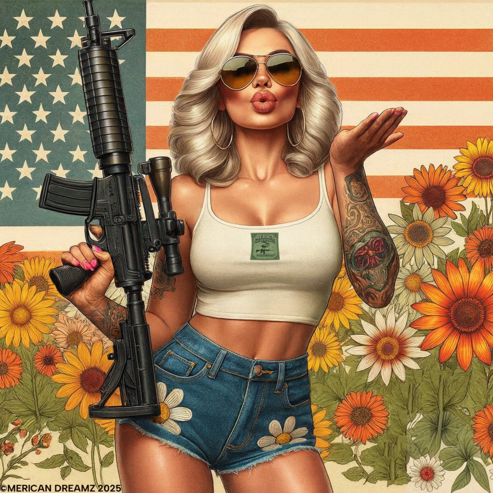 Graphic Short Sleeve Tee front and back — Retro Americana Pin-Up Girls with AR-15 Rifles