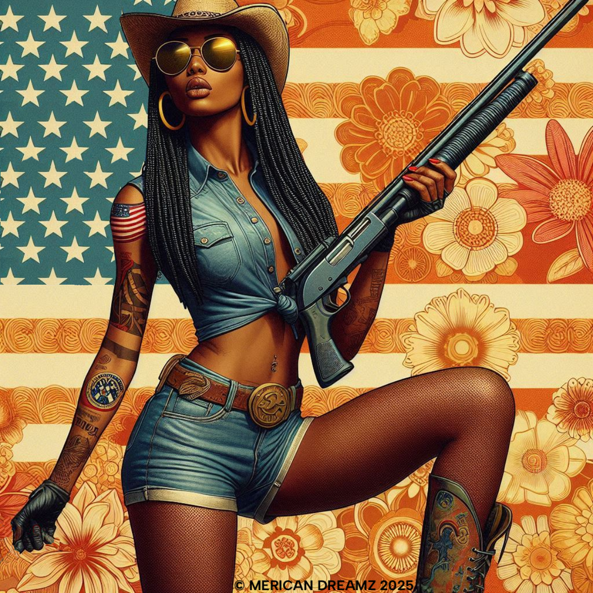 Graphic Short Sleeve Tee front and back — Retro Americana Pin-Up Cowgirls with 12 Gauge Shotguns
