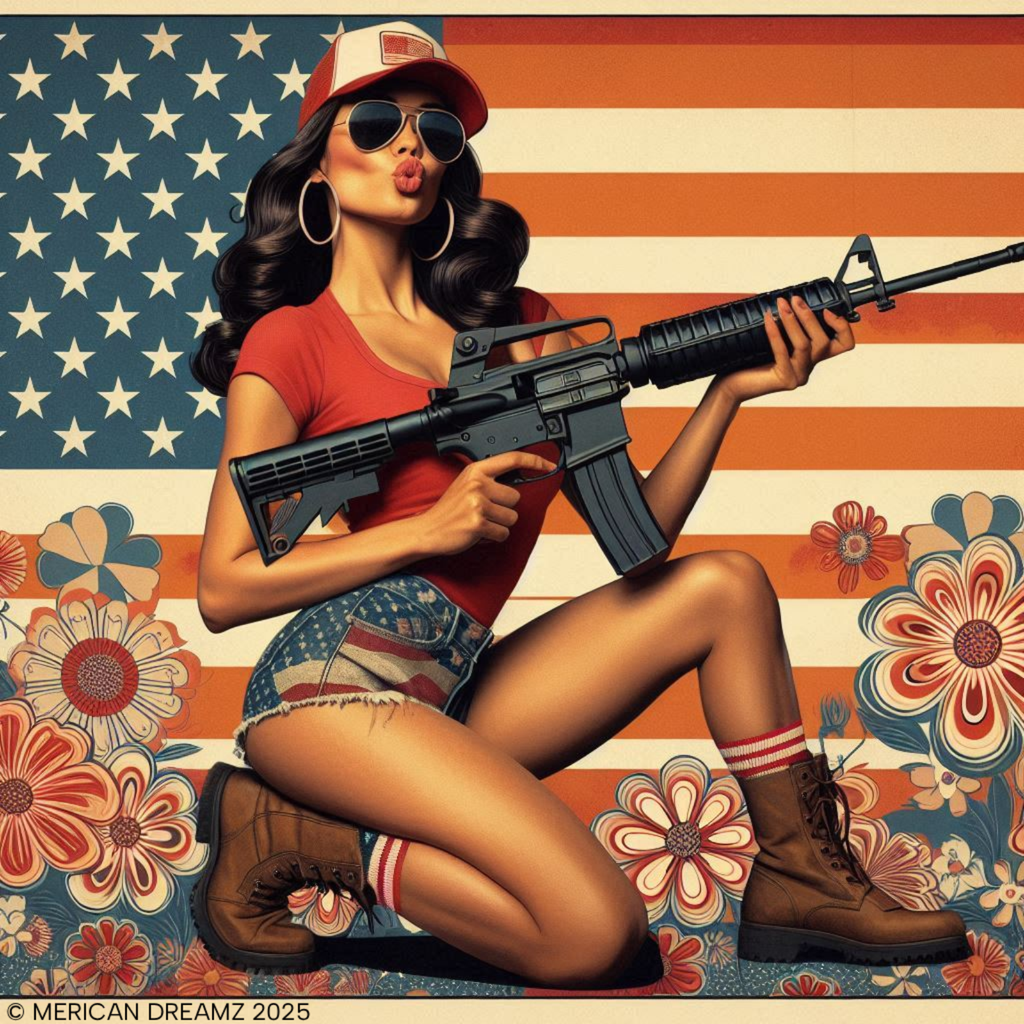 Graphic Short Sleeve Tee front and back — Retro Americana Pin-Up Girls with AR-15 Rifles