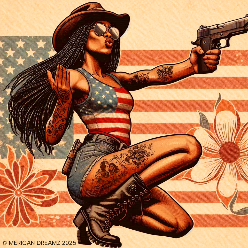 Americana Pinup Cowgirl with 9mm Zip Hoodie — Retro Vintage Patriotic Graphic