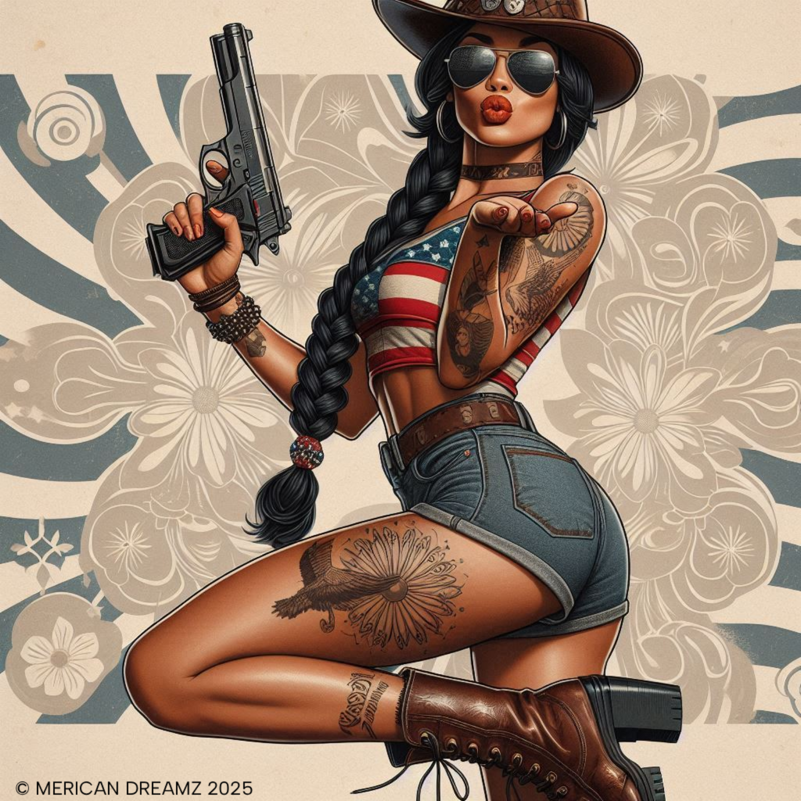Americana Pinup Cowgirl with 9mm Zip Hoodie — Retro Vintage Patriotic Graphic