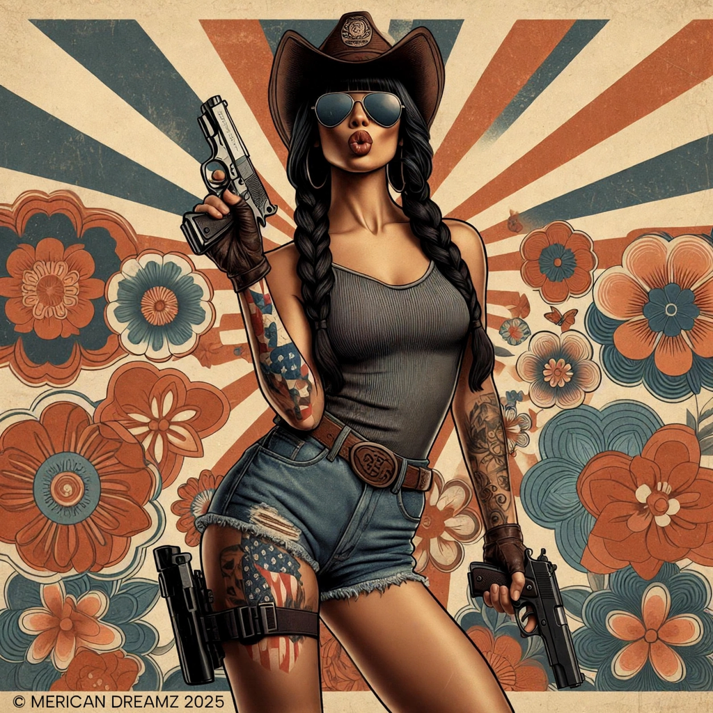 Graphic Short Sleeve Tee front and back — Retro Americana Pin-Up Cowgirls with 9mm Pistols