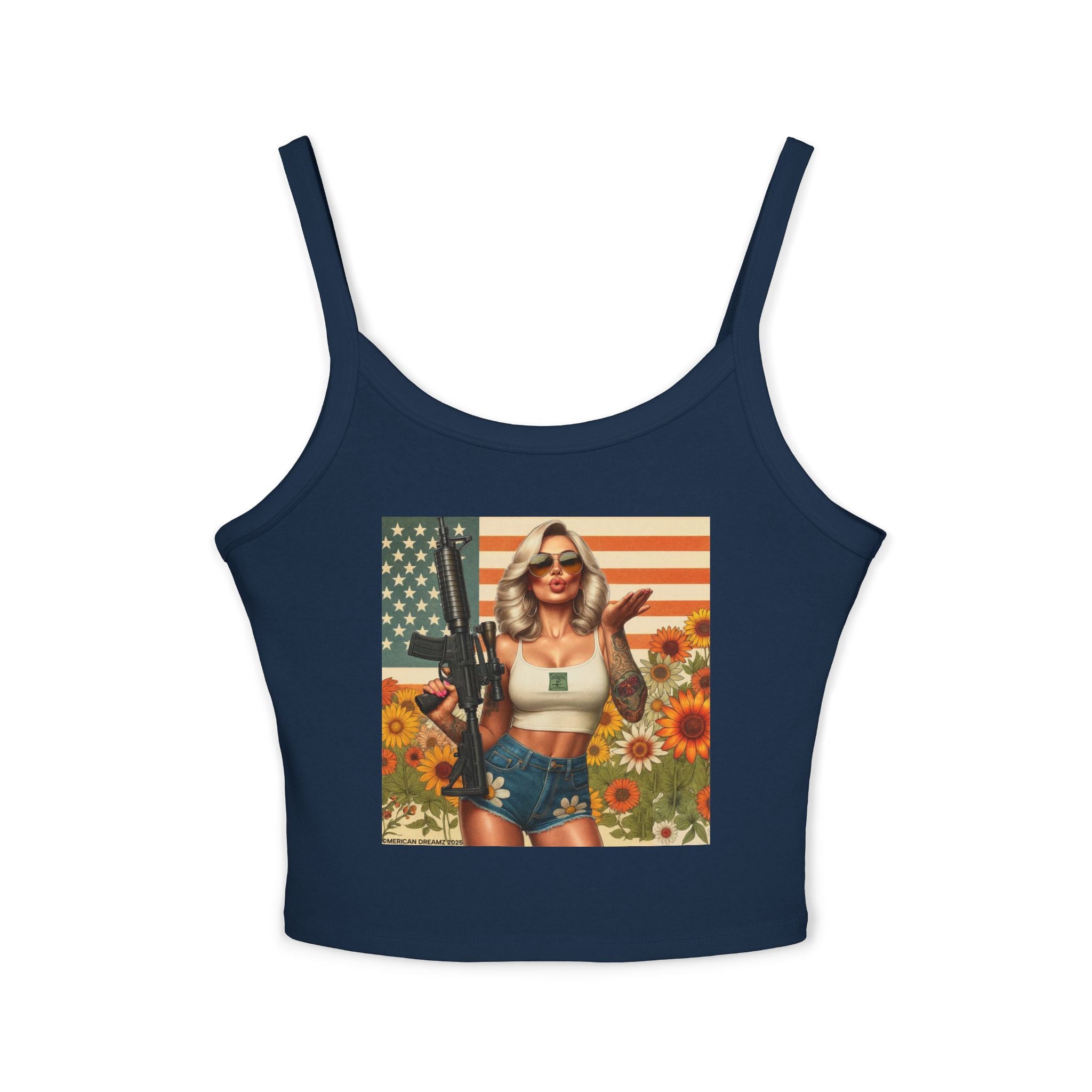 Retro Pinup Girl Tank Top — Vintage Flag & Floral Spaghetti Strap
