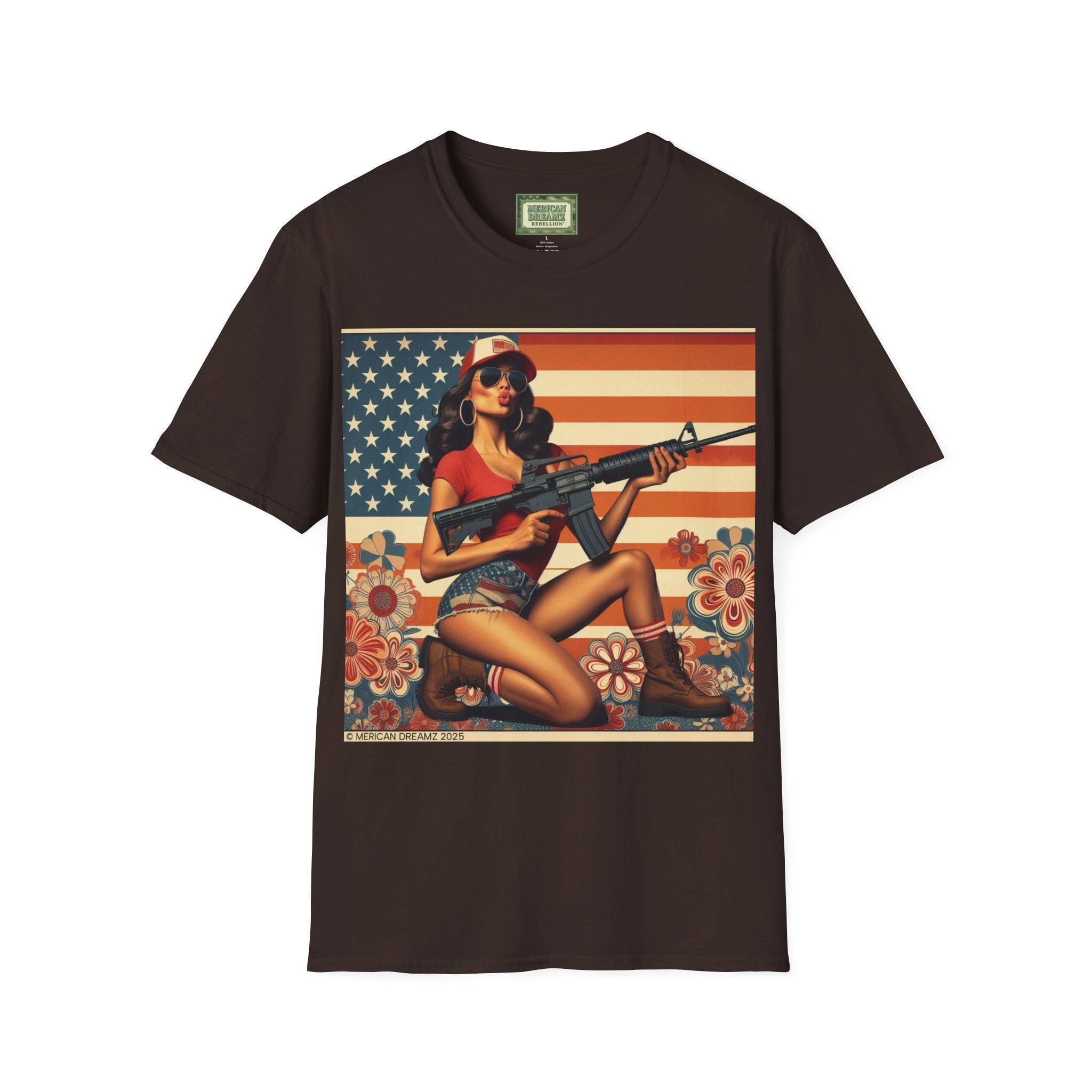 Graphic T-Shirt — Patriotic Pinup Girl with Rifle Vintage Flag Design (US Only)
