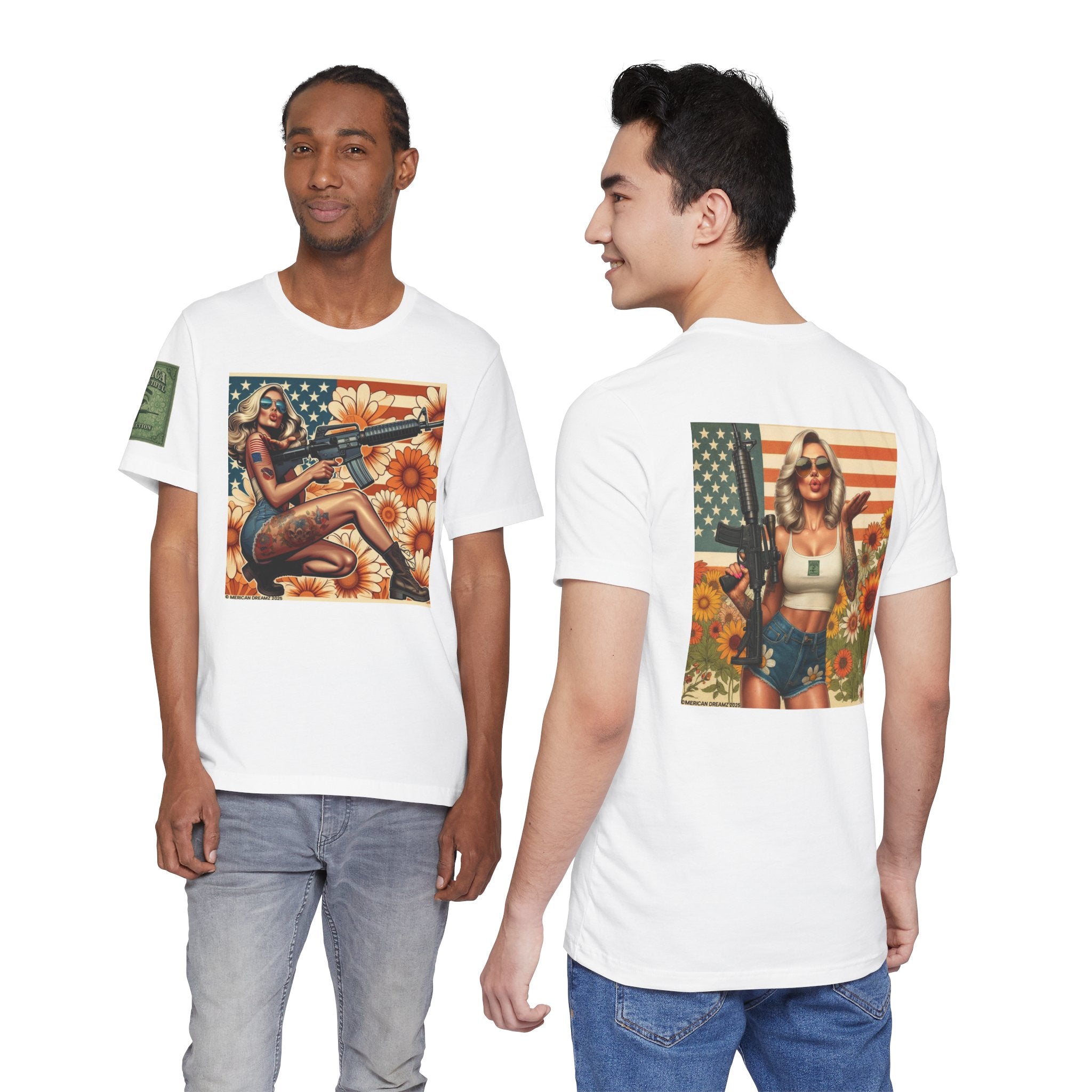 Graphic Short Sleeve Tee front and back — Retro Americana Pin-Up Girls with AR-15 Rifles