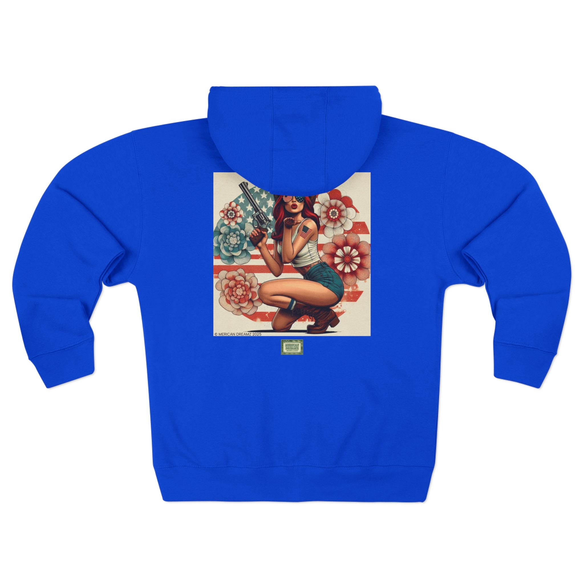 Americana Pinup Cowgirl with 44 Magnum Zip Hoodie — Retro Vintage Patriotic Graphic