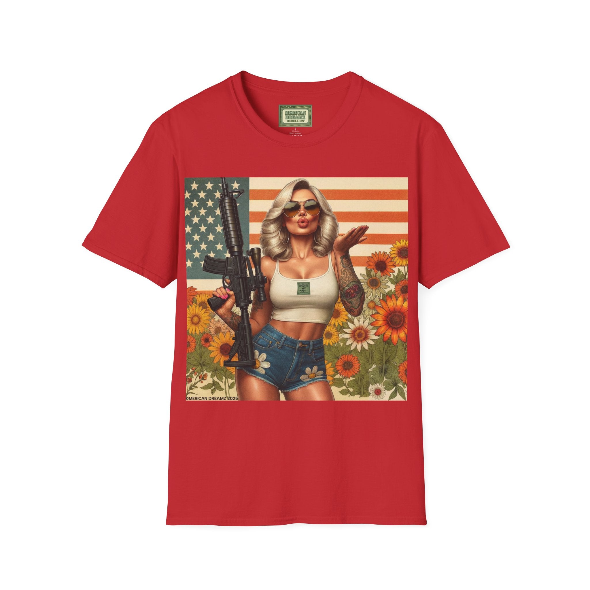 Pin-Up Americana T-Shirt — Retro Floral Gun Cowgirl Vintage Style (US Only)