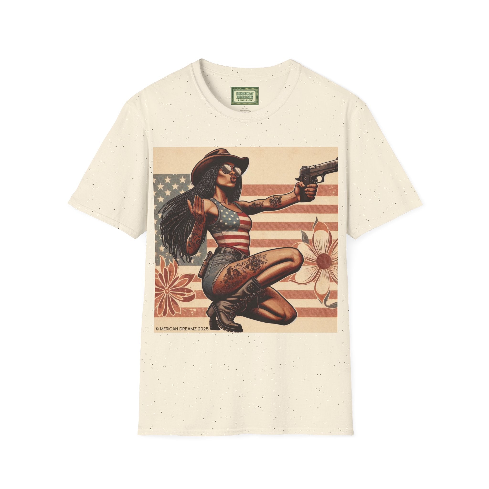 Pin-Up Americana T-Shirt — Retro Floral Gun Cowgirl Vintage Style (US Only)