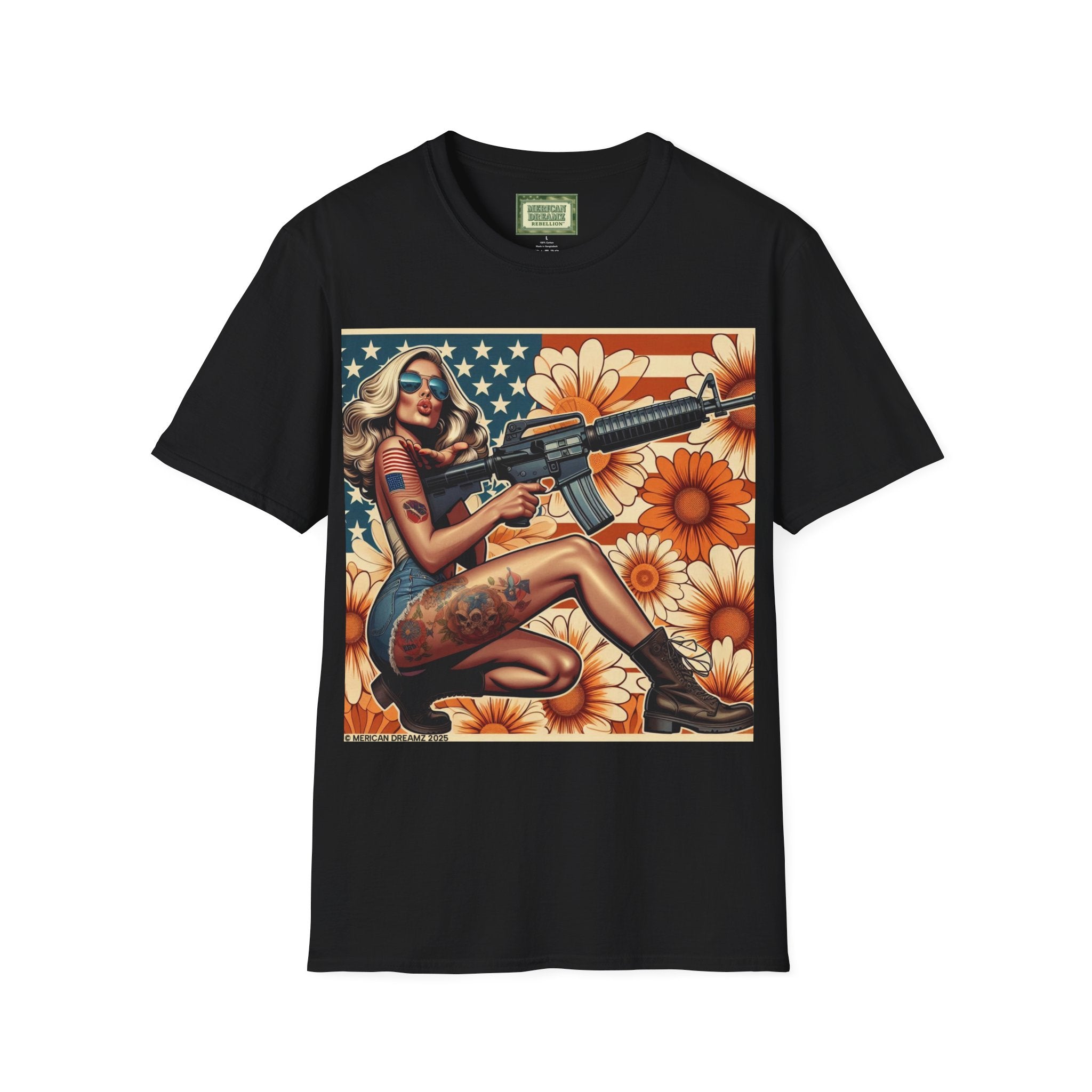 Graphic T-Shirt — Patriotic Pinup Girl with Rifle Vintage Flag Design (US Only)