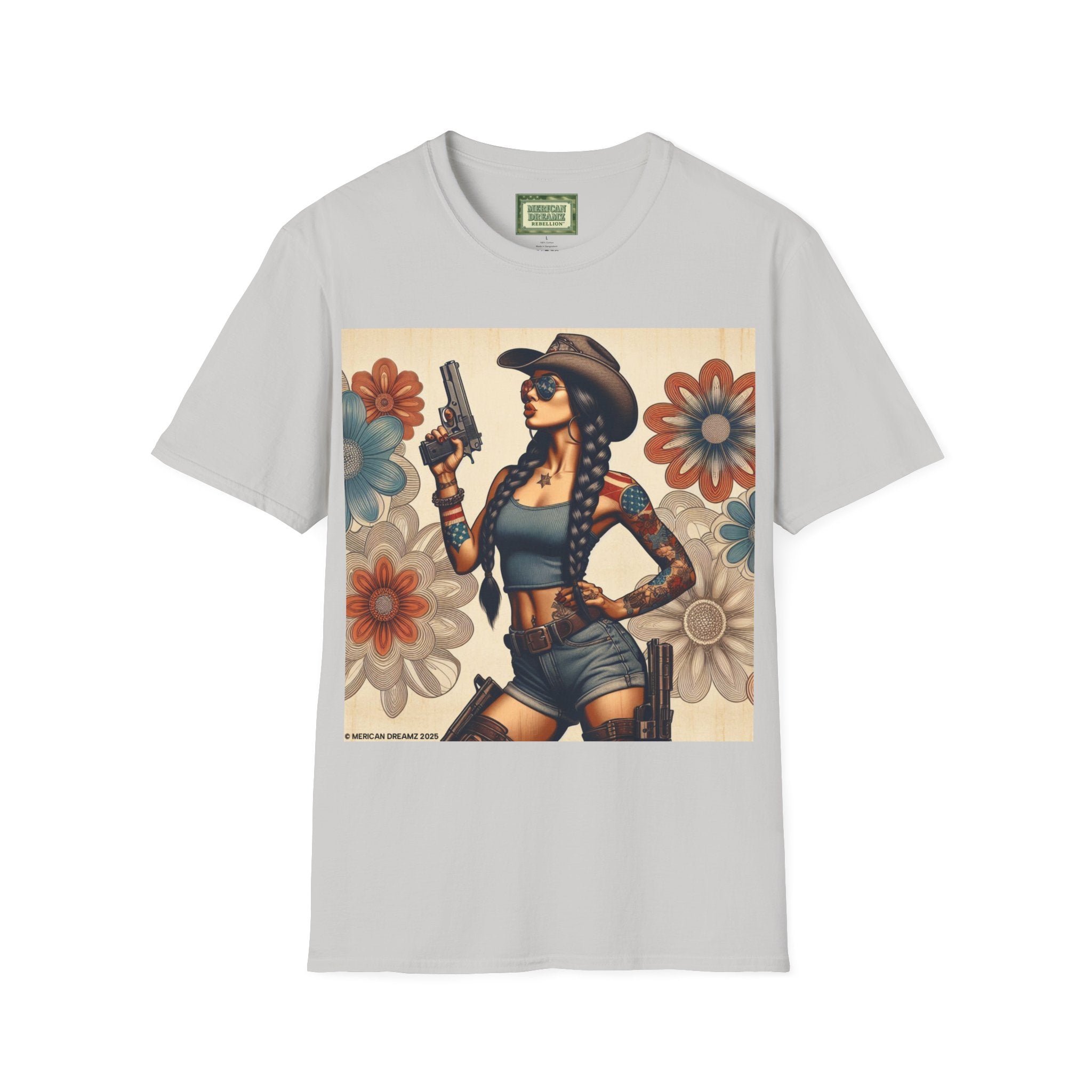 Pin-Up Americana T-Shirt — Retro Floral Gun Cowgirl Vintage Style (US Only)