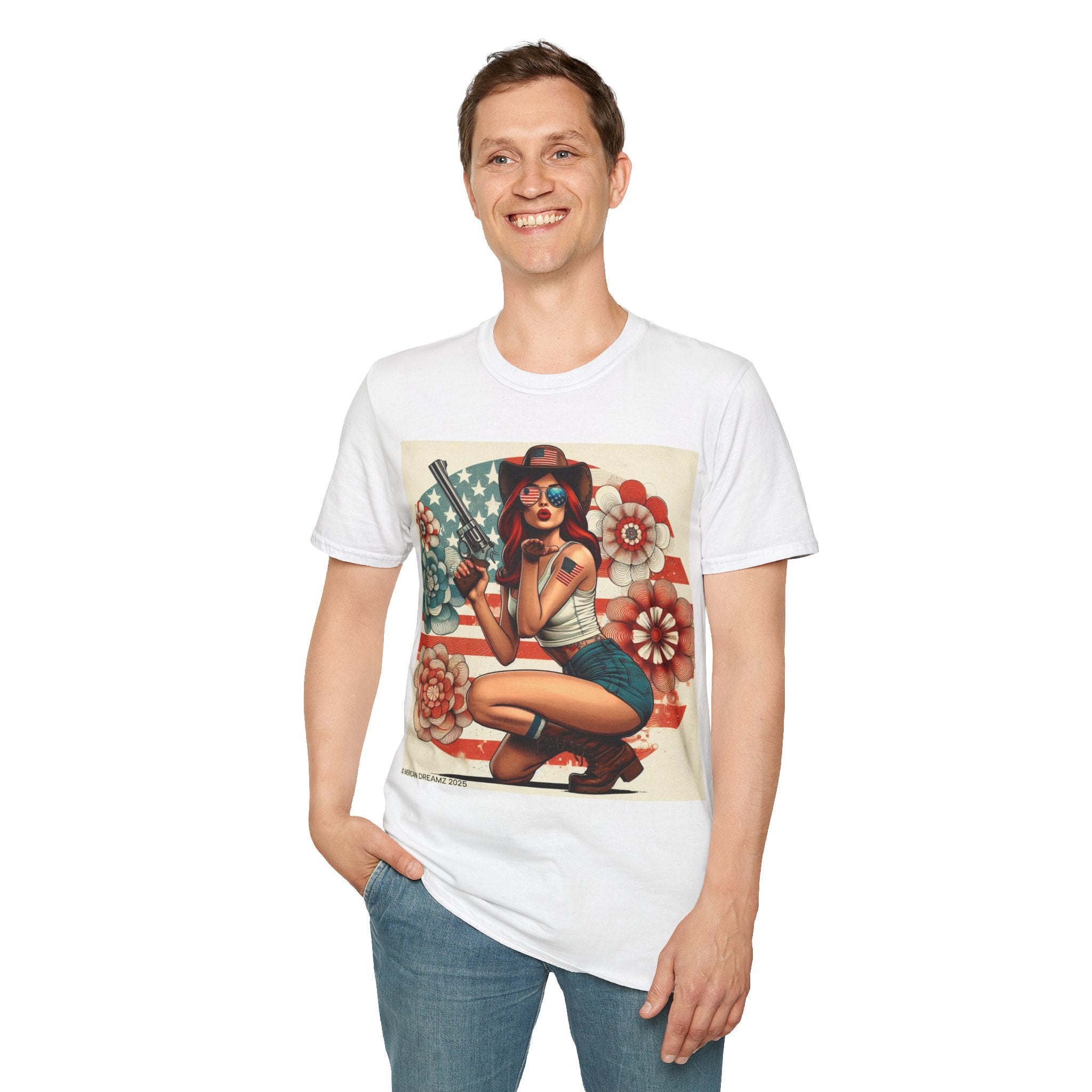 Pin-Up Americana T-Shirt — Retro Floral Gun Cowgirl Vintage Style (US Only)