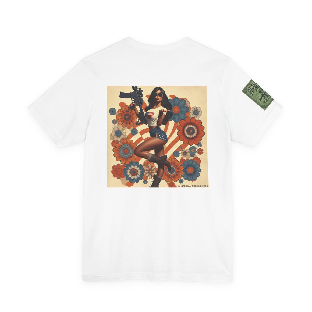 Graphic Short Sleeve Tee front and back — Retro Americana Pin-Up Girls with AR-15 Rifles