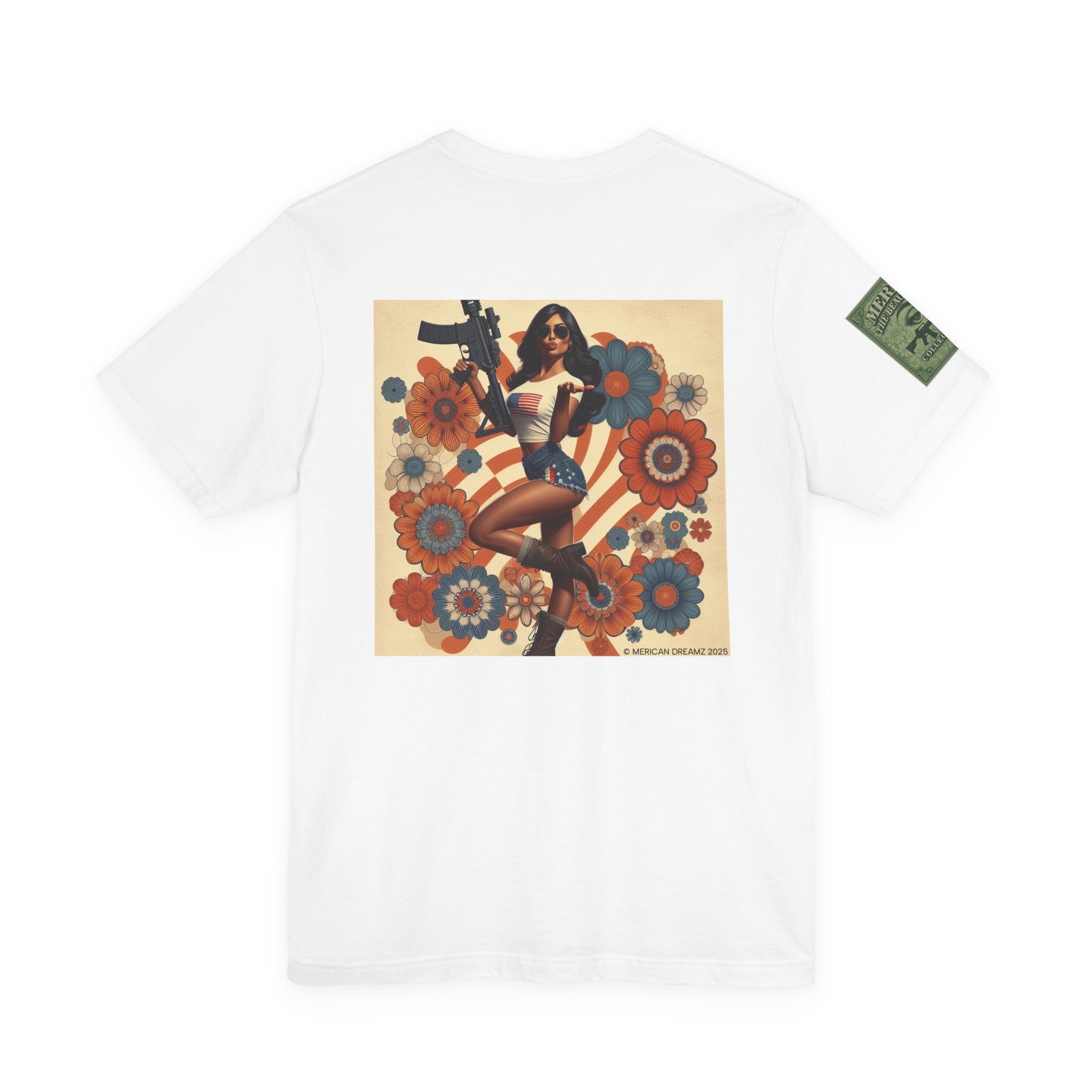Graphic Short Sleeve Tee front and back — Retro Americana Pin-Up Girls with AR-15 Rifles