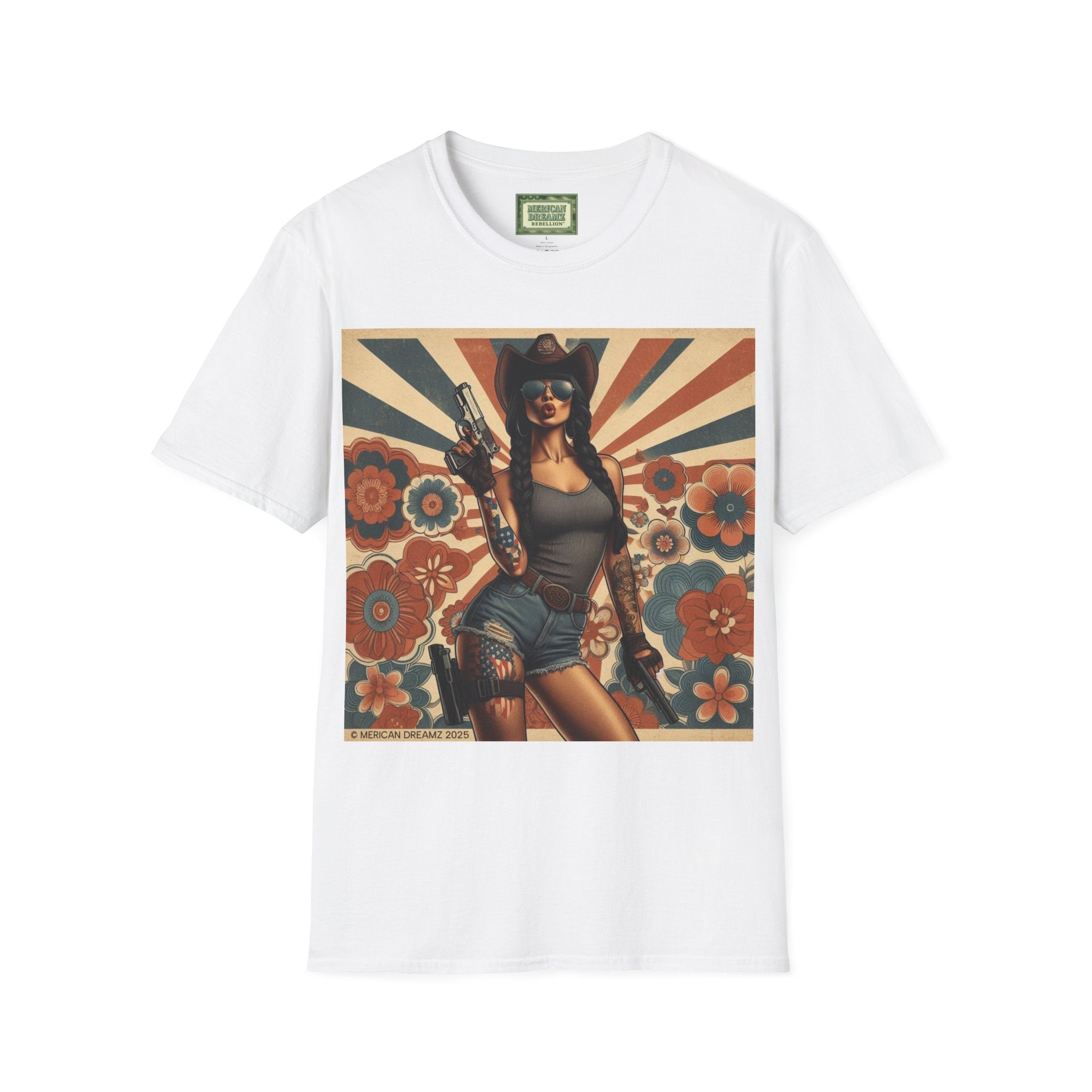 Pin-Up Americana T-Shirt — Retro Floral Gun Cowgirl Vintage Style (US Only)