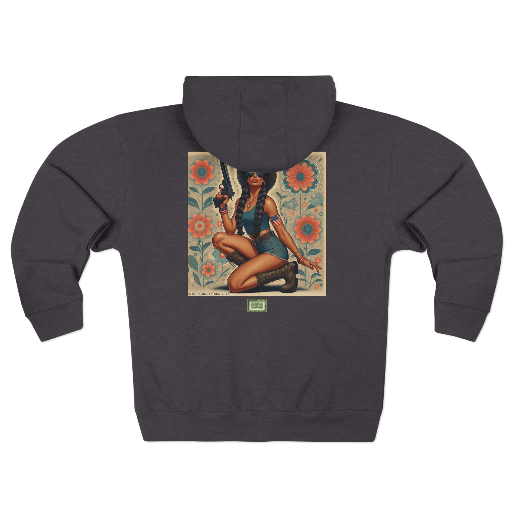 Americana Pinup Cowgirl with 9mm Zip Hoodie — Retro Vintage Patriotic Graphic