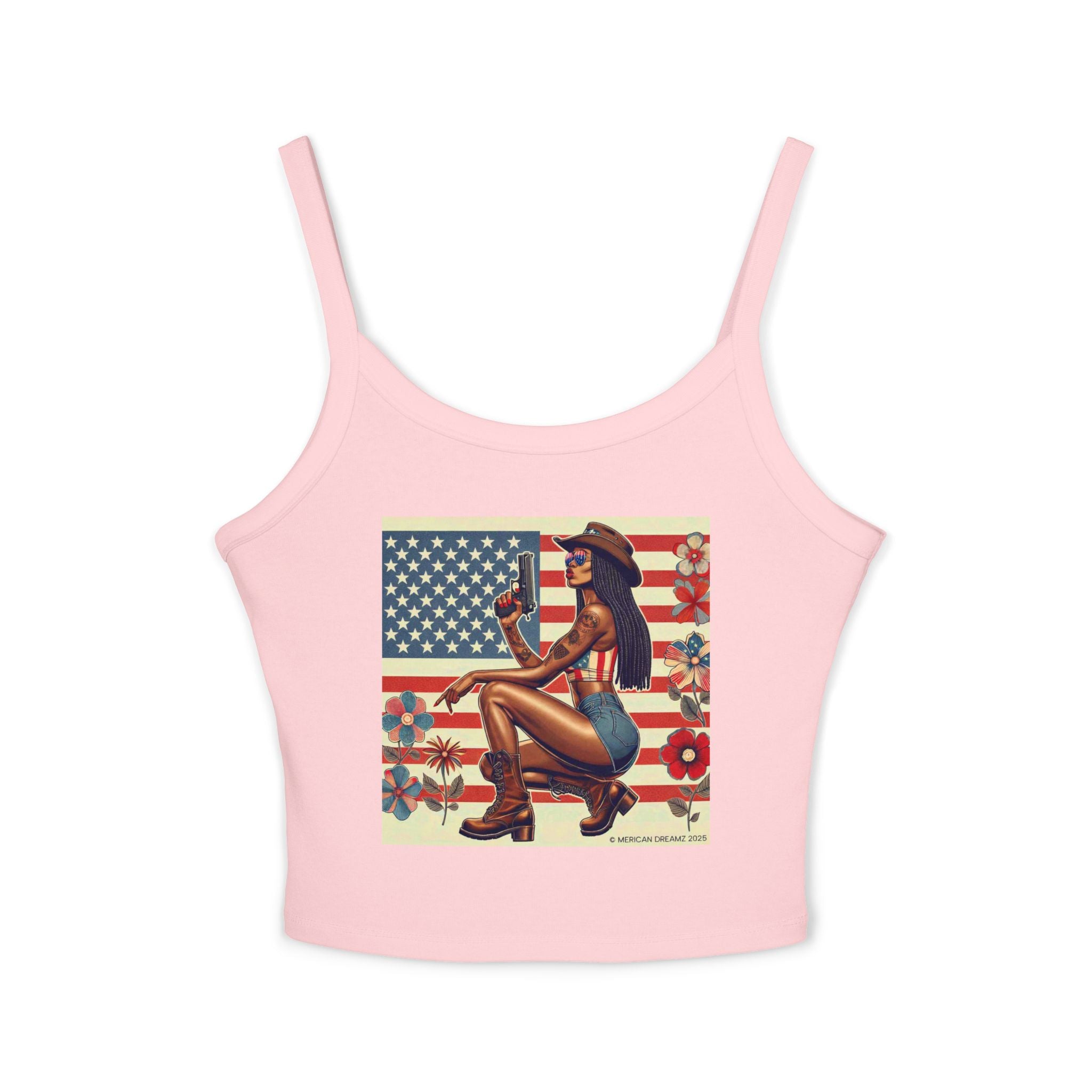 Retro Pinup Girl Tank Top — Vintage Flag & Floral Spaghetti Strap