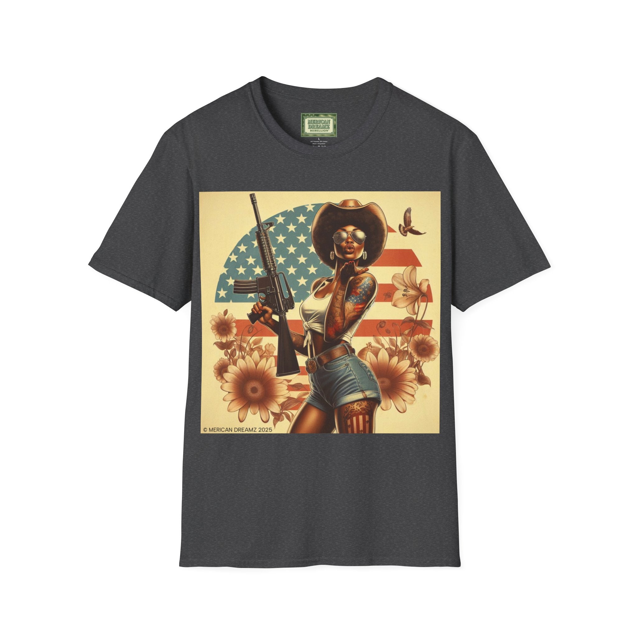 Pin-Up Americana T-Shirt — Retro Floral Gun Cowgirl Vintage Style (US Only)