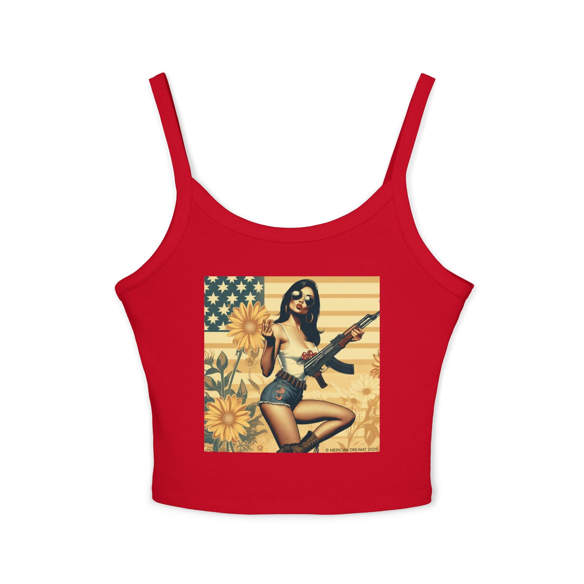 Retro Pinup Girl Tank Top — Vintage Flag & Floral Spaghetti Strap