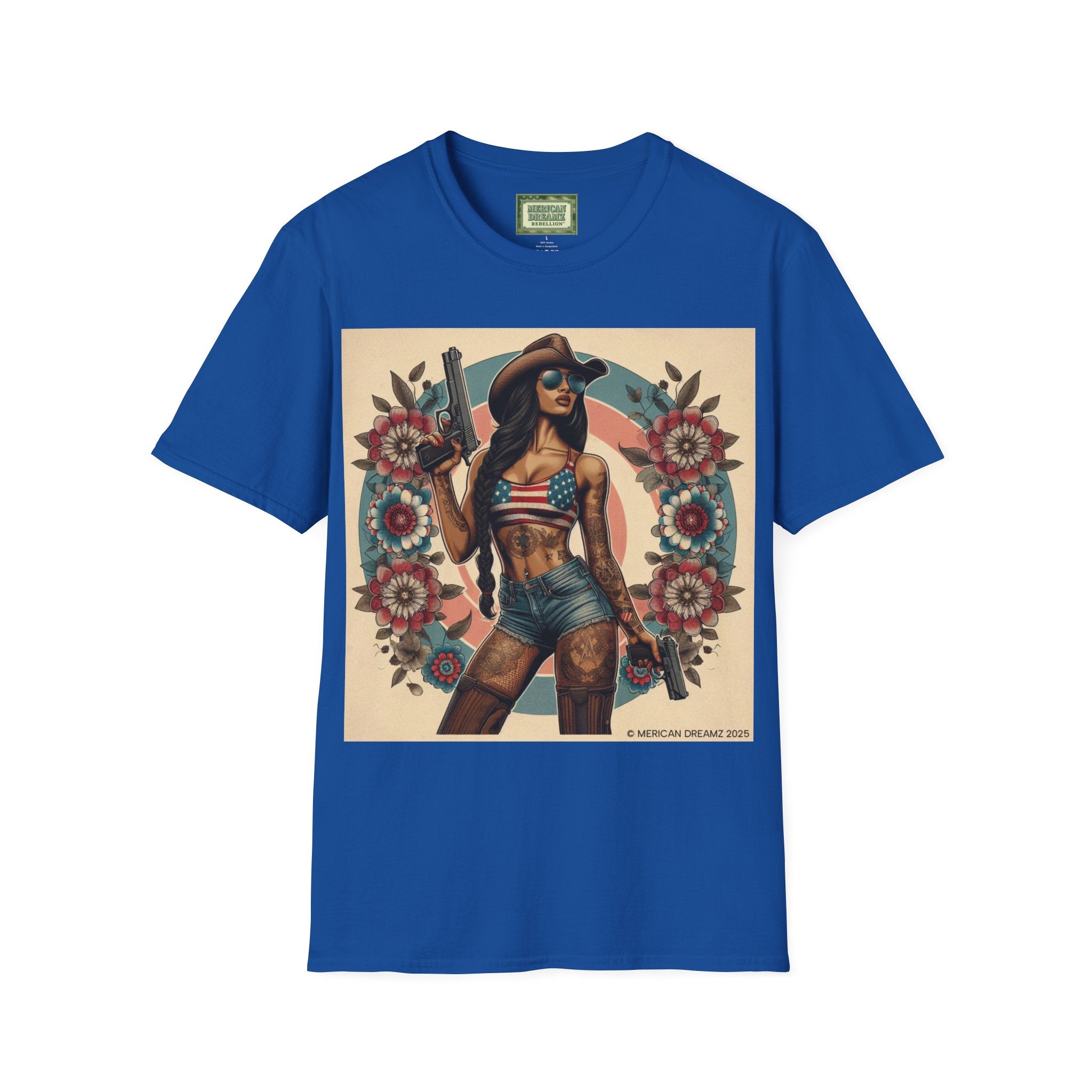 Pin-Up Americana T-Shirt — Retro Floral Gun Cowgirl Vintage Style (US Only)