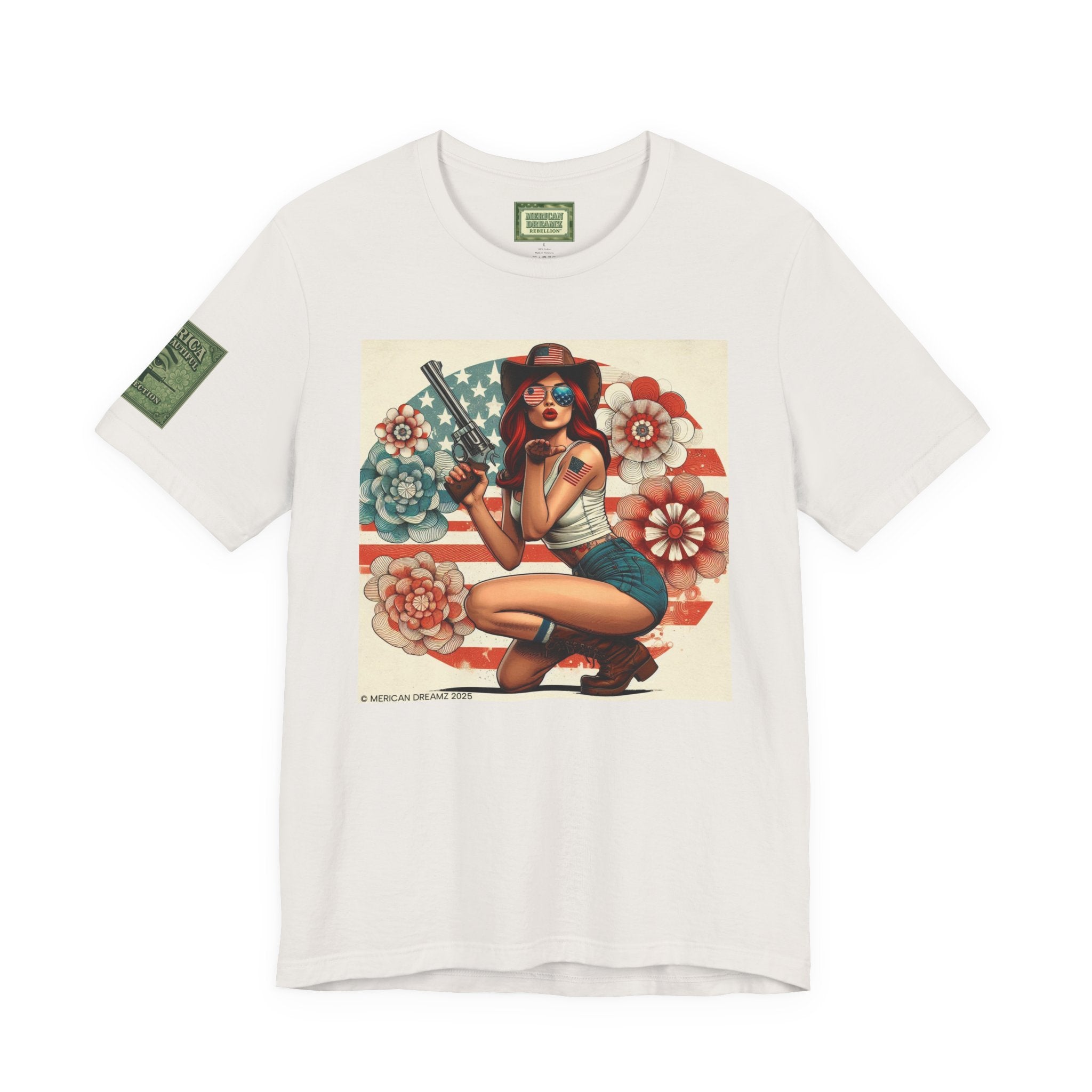 Graphic Short Sleeve Tee front and back — Retro Americana Pin-Up Cowgirls with .44 Magnum Revolvers