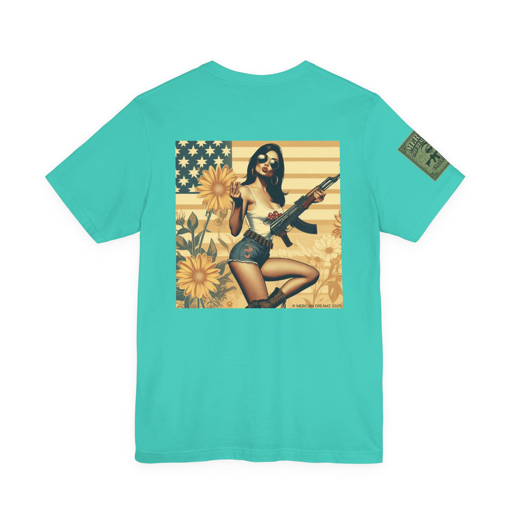 Graphic Short Sleeve Tee front and back — Retro Americana Pin-Up Girls with AK-47 Rifles