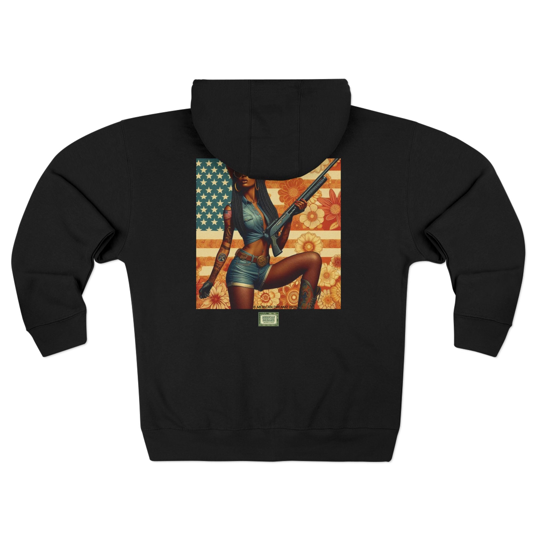 Americana Pinup Cowgirl with Shotgun Zip Hoodie — Retro Vintage Patriotic Graphic
