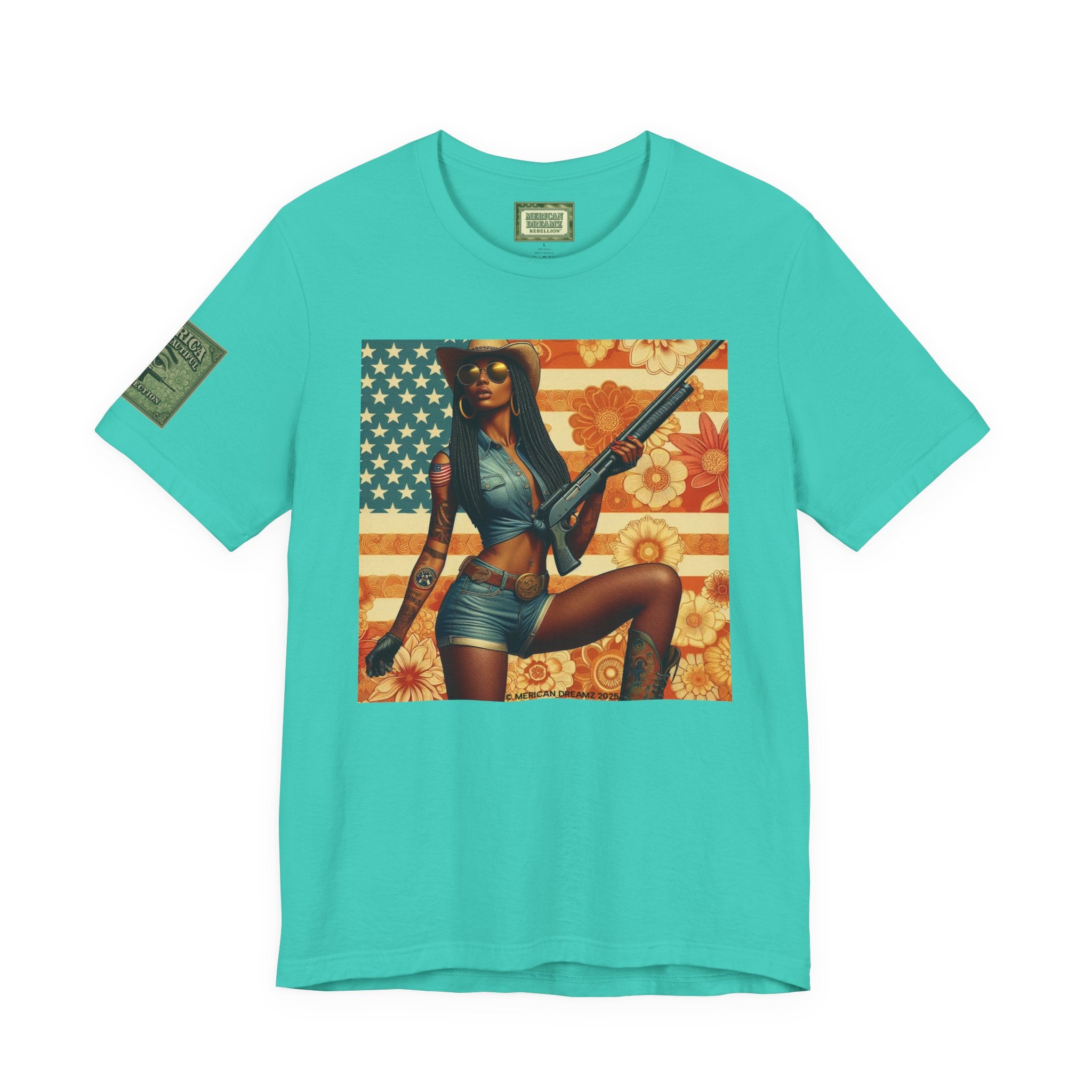 Graphic Short Sleeve Tee front and back — Retro Americana Pin-Up Cowgirls with 12 Gauge Shotguns