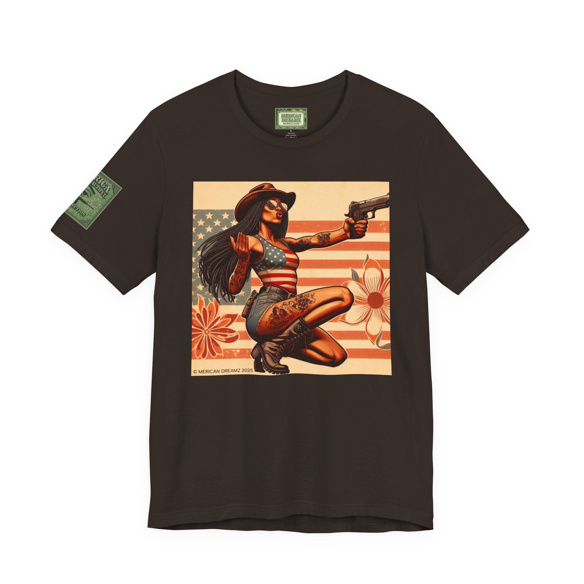 Graphic Short Sleeve Tee front and back — Retro Americana Pin-Up Cowgirls with 9mm Pistols