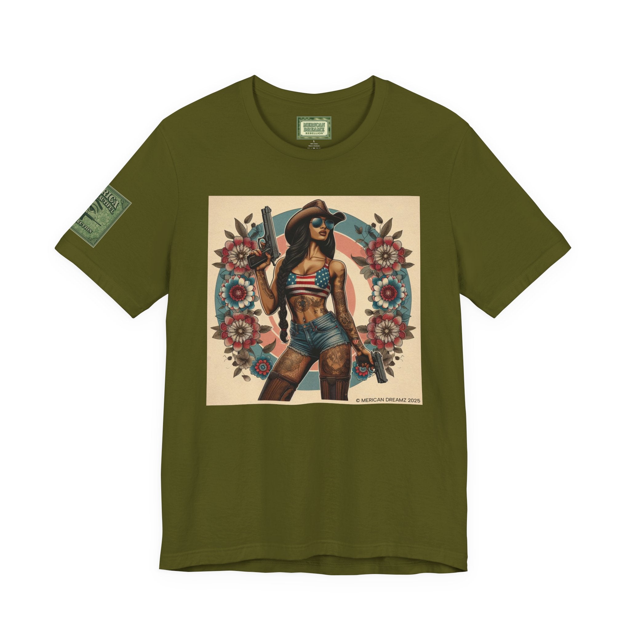 Graphic Short Sleeve Tee front and back — Retro Americana Pin-Up Cowgirls with 9mm Pistols