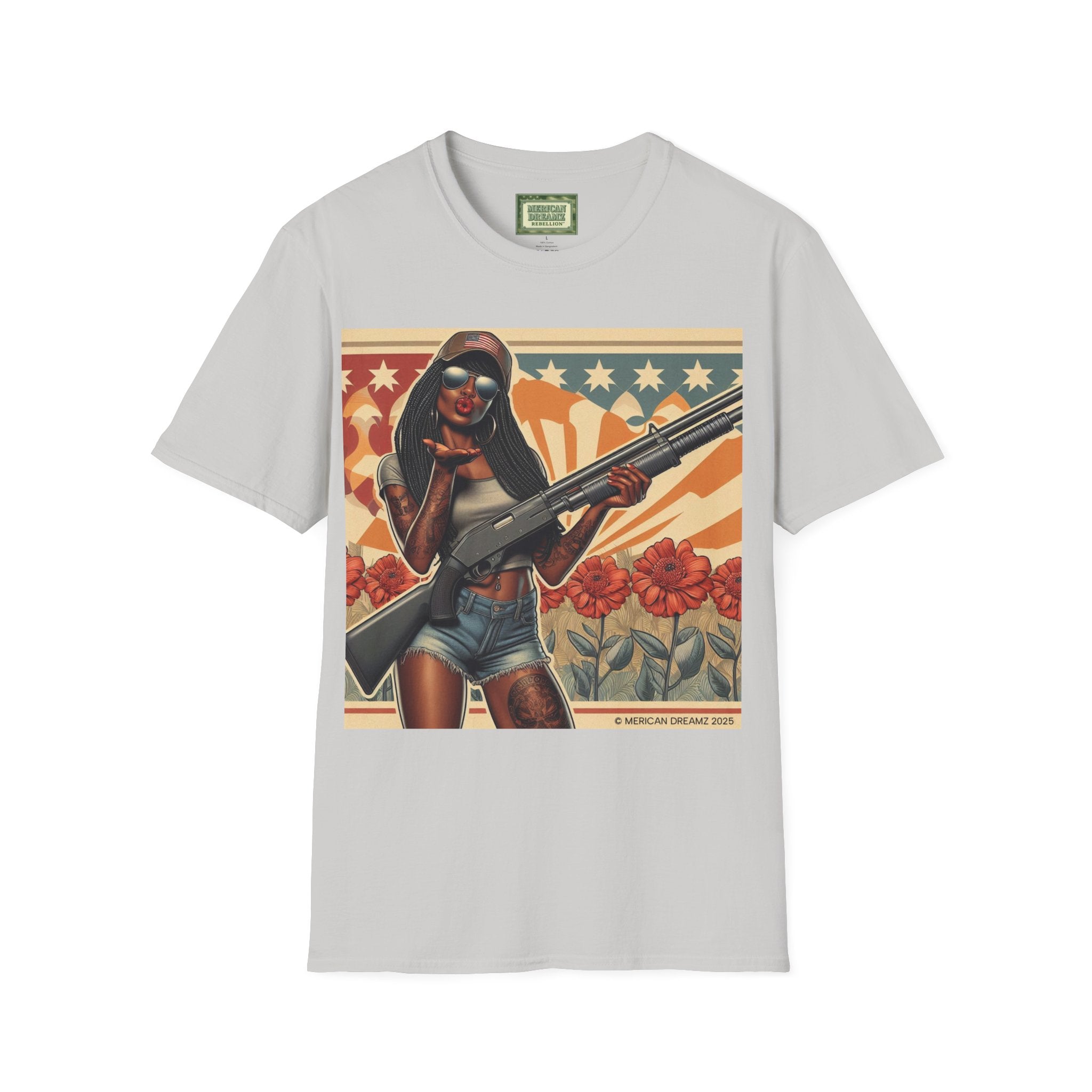 Graphic T-Shirt — Patriotic Pinup Girl with Shotgun Vintage Flag Design (US Only)