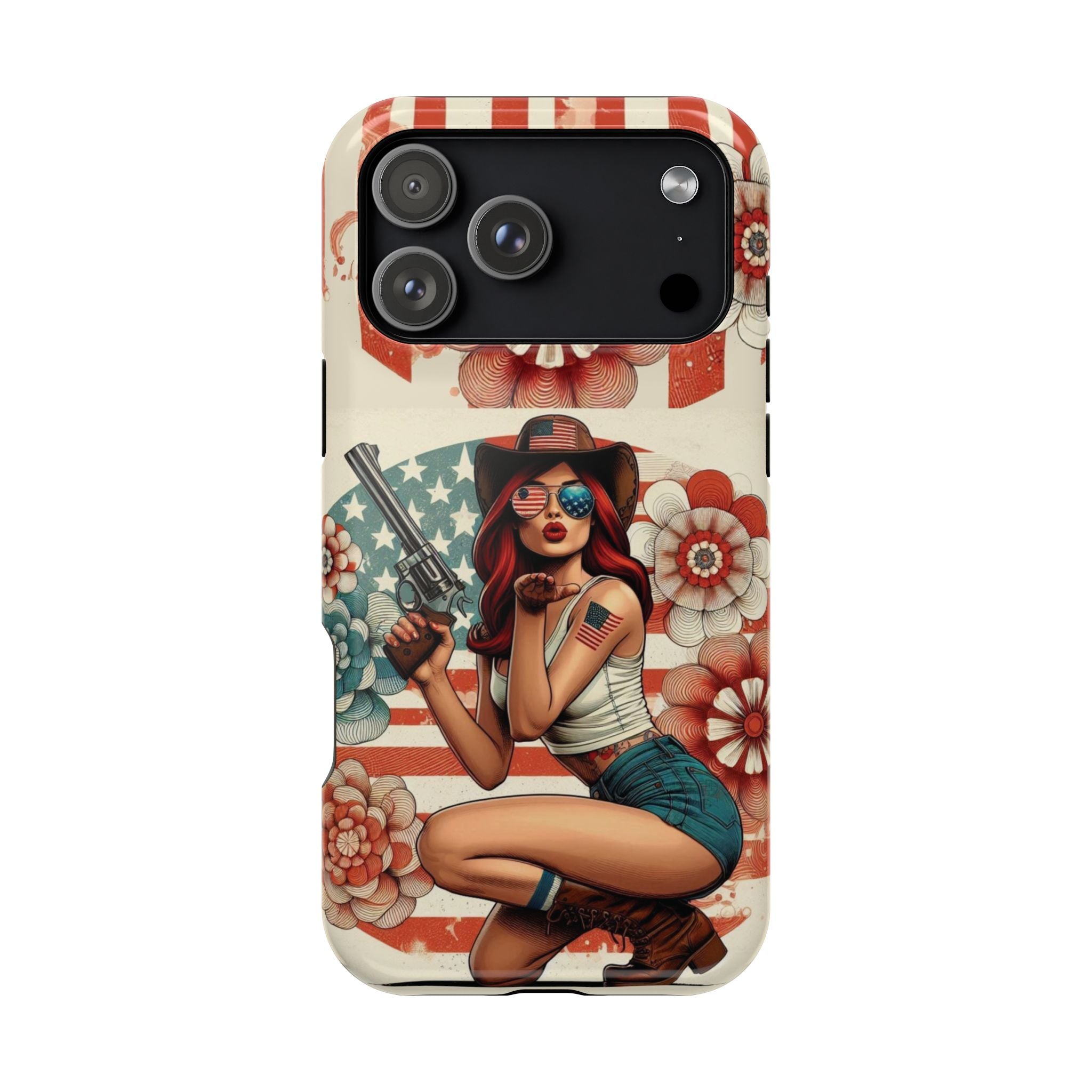 Americana .44 Magnum Pinup Girl - Magnetic Impact‑Resistant Phone Case  iPhone 13-17 / Samsung S26  MagSafe Compatible