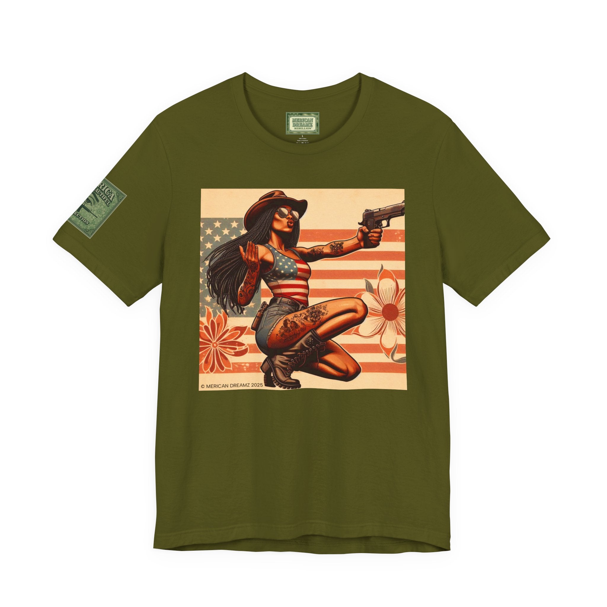 Graphic Short Sleeve Tee front and back — Retro Americana Pin-Up Cowgirls with 9mm Pistols