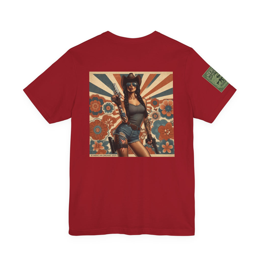 Graphic Short Sleeve Tee front and back — Retro Americana Pin-Up Cowgirls with 9mm Pistols