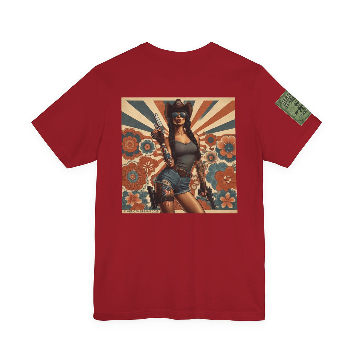 Graphic Short Sleeve Tee front and back — Retro Americana Pin-Up Cowgirls with 9mm Pistols