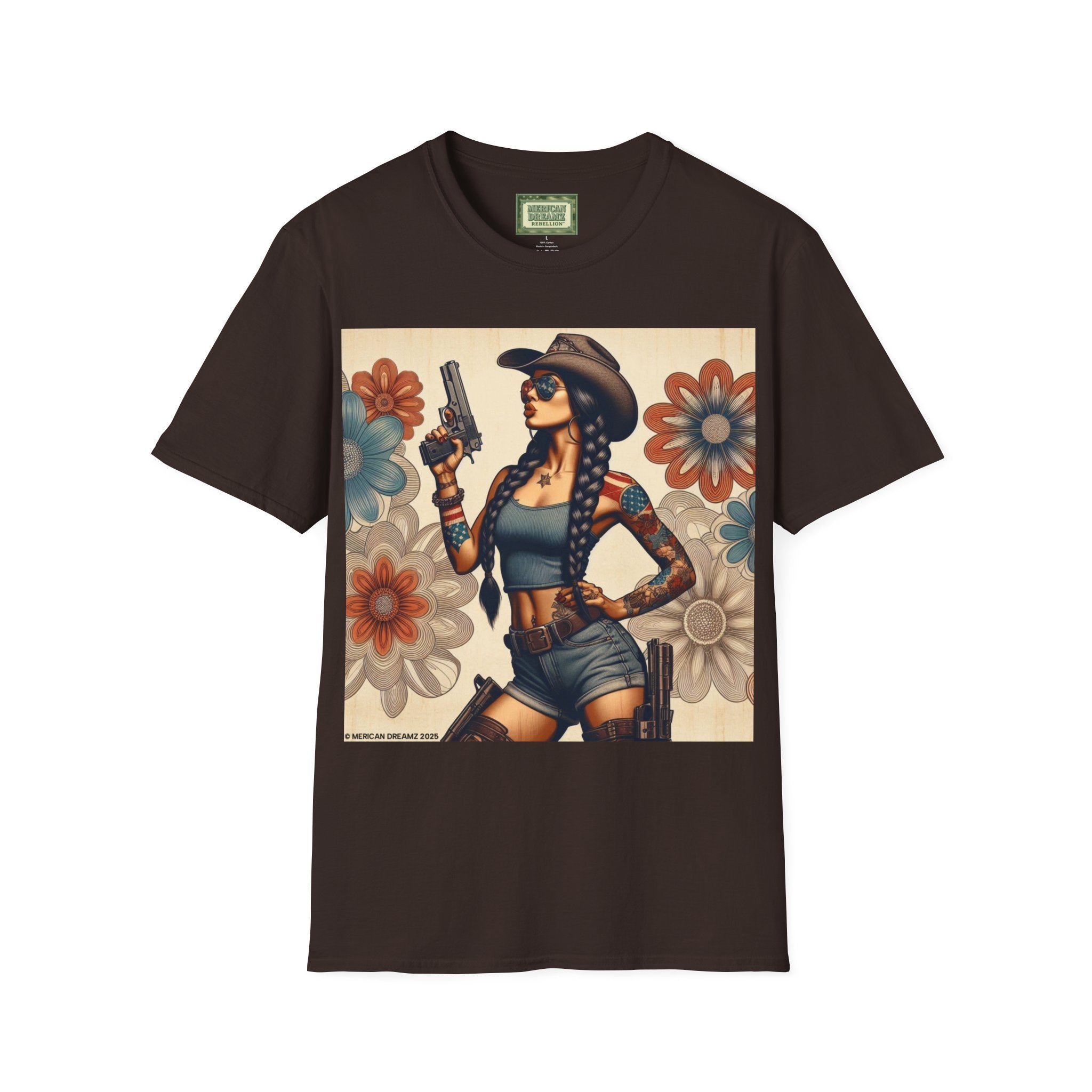 Pin-Up Americana T-Shirt — Retro Floral Gun Cowgirl Vintage Style (US Only)