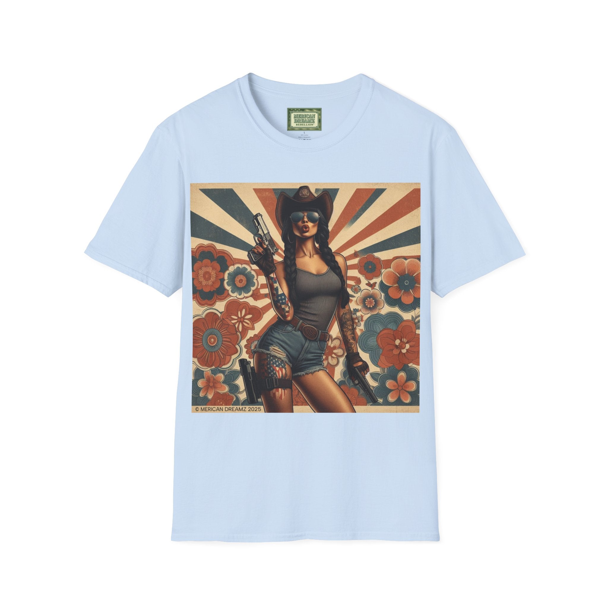 Pin-Up Americana T-Shirt — Retro Floral Gun Cowgirl Vintage Style (US Only)