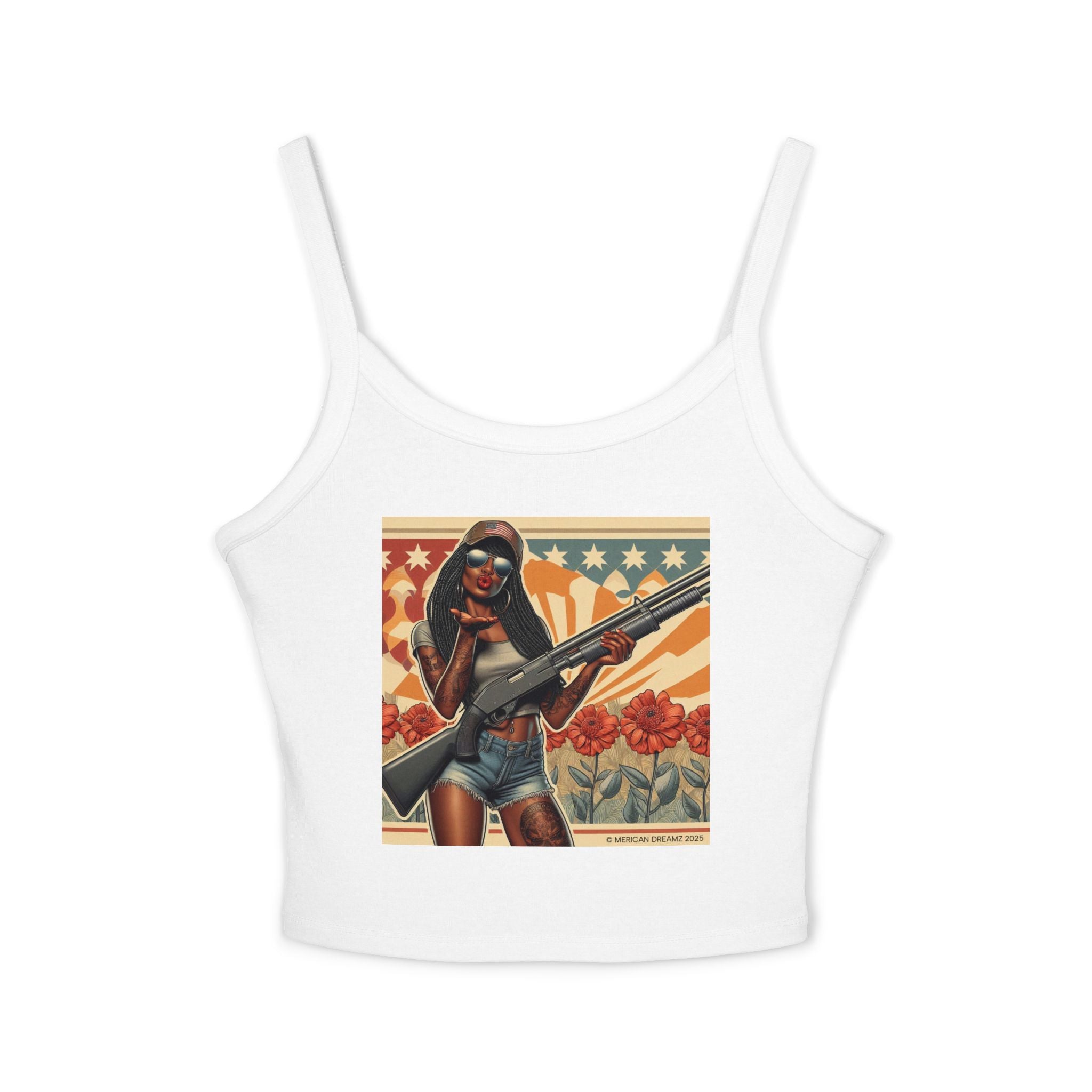 Retro Pinup Girl Tank Top — Vintage Flag & Floral Spaghetti Strap