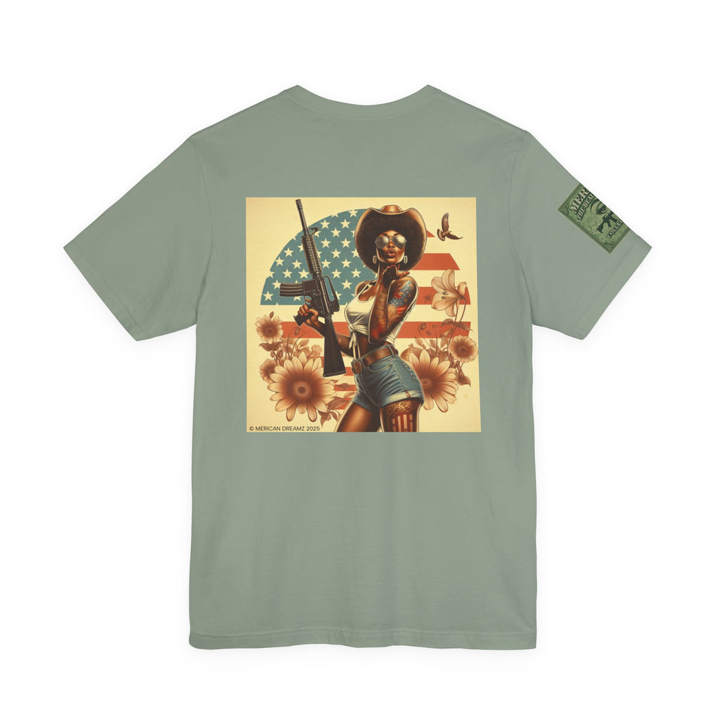 Graphic Short Sleeve Tee front and back — Retro Americana Pin-Up Cowgirls with .44 Magnum and AR-15