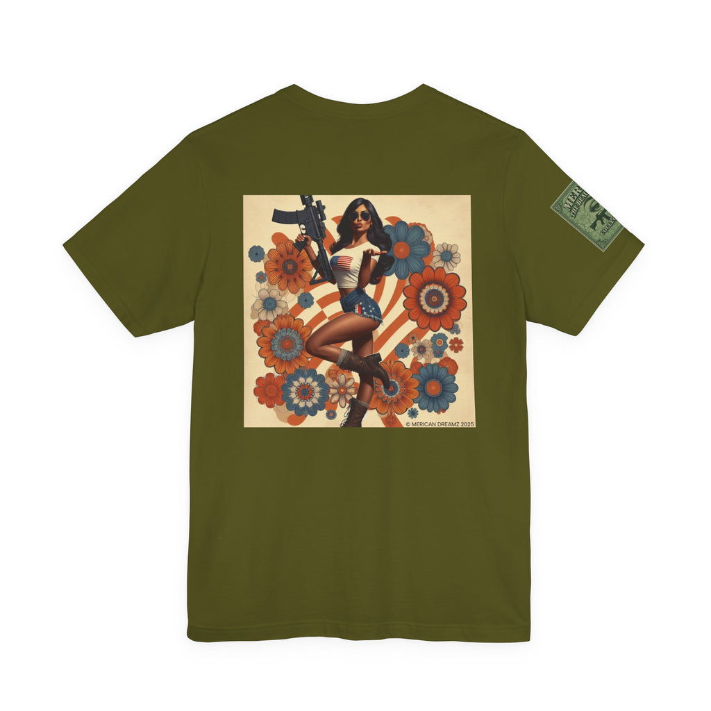 Graphic Short Sleeve Tee front and back — Retro Americana Pin-Up Girls with AR-15 Rifles